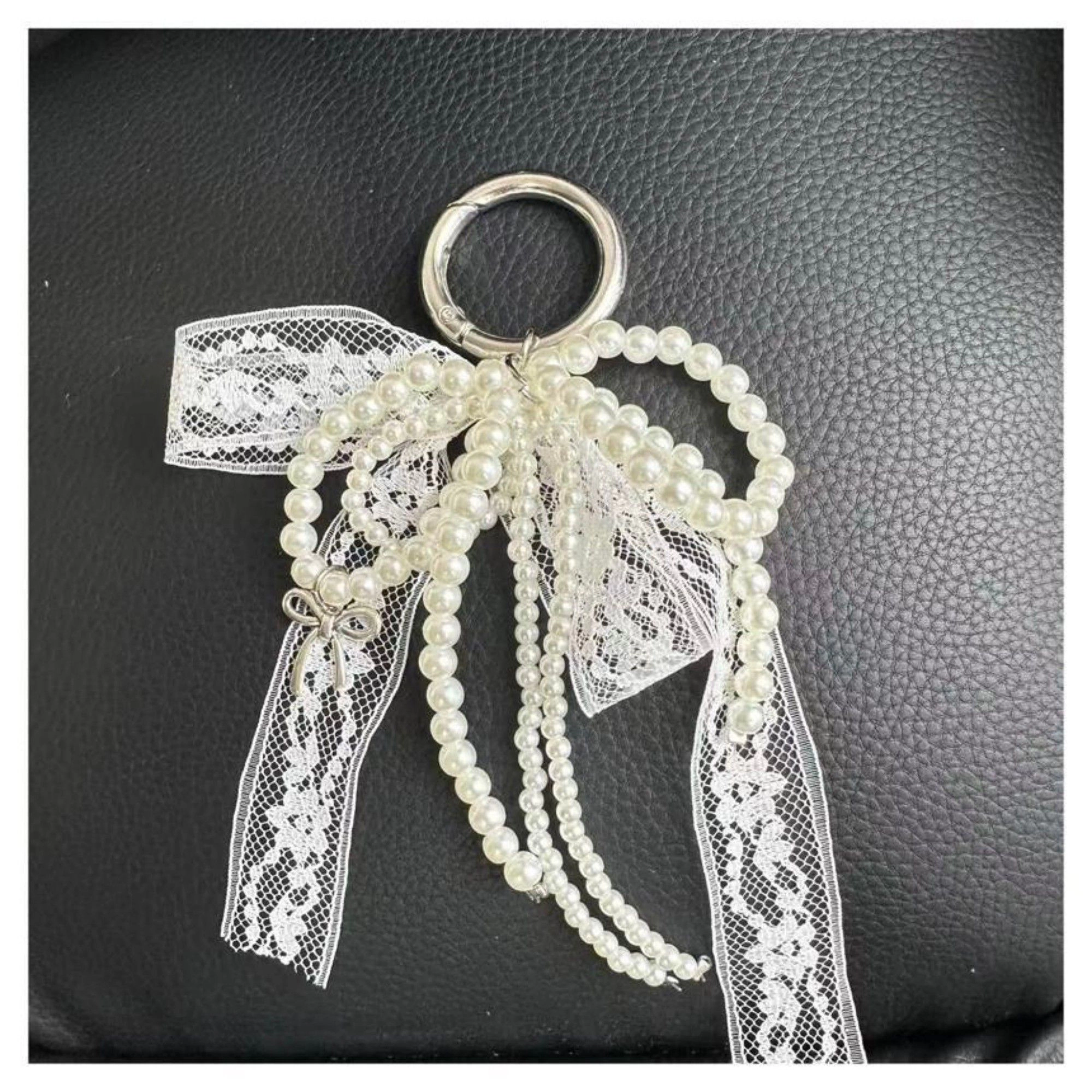 Alilang Women's Pearl and Lace Bow Keychain with Silver Ring and Charm Accent