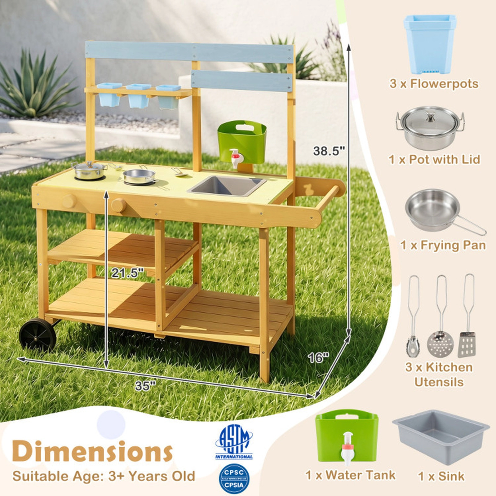 SUGIFT Wooden Outdoor Mud Kitchen with Water Tank Flowerpots and Wheels Ages 3+ Natural & Yellow