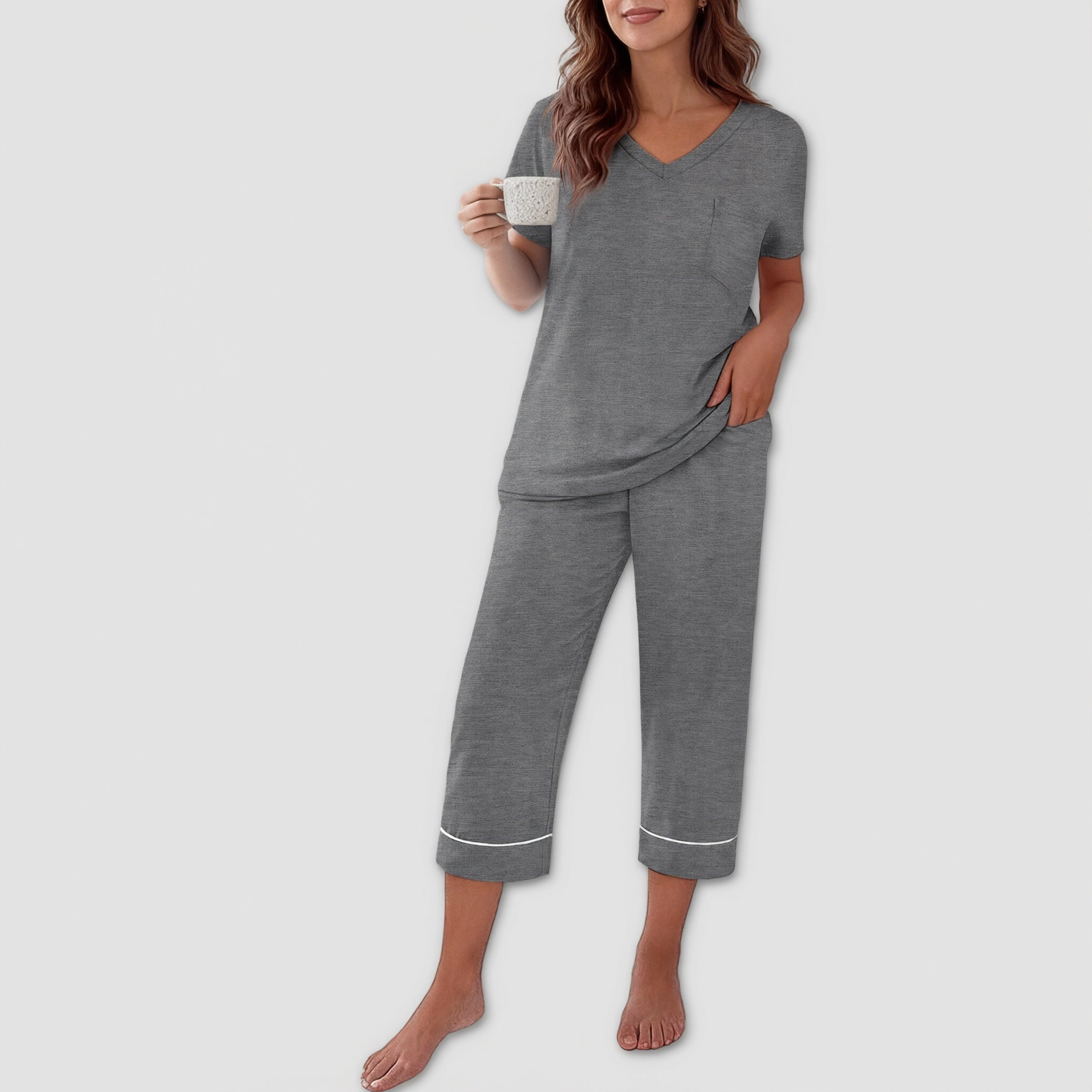 Ekouaer Cotton Pajamas for Womens Set Short Sleeve Top and Capri Pants Lounge Sets Soft Sleepwear