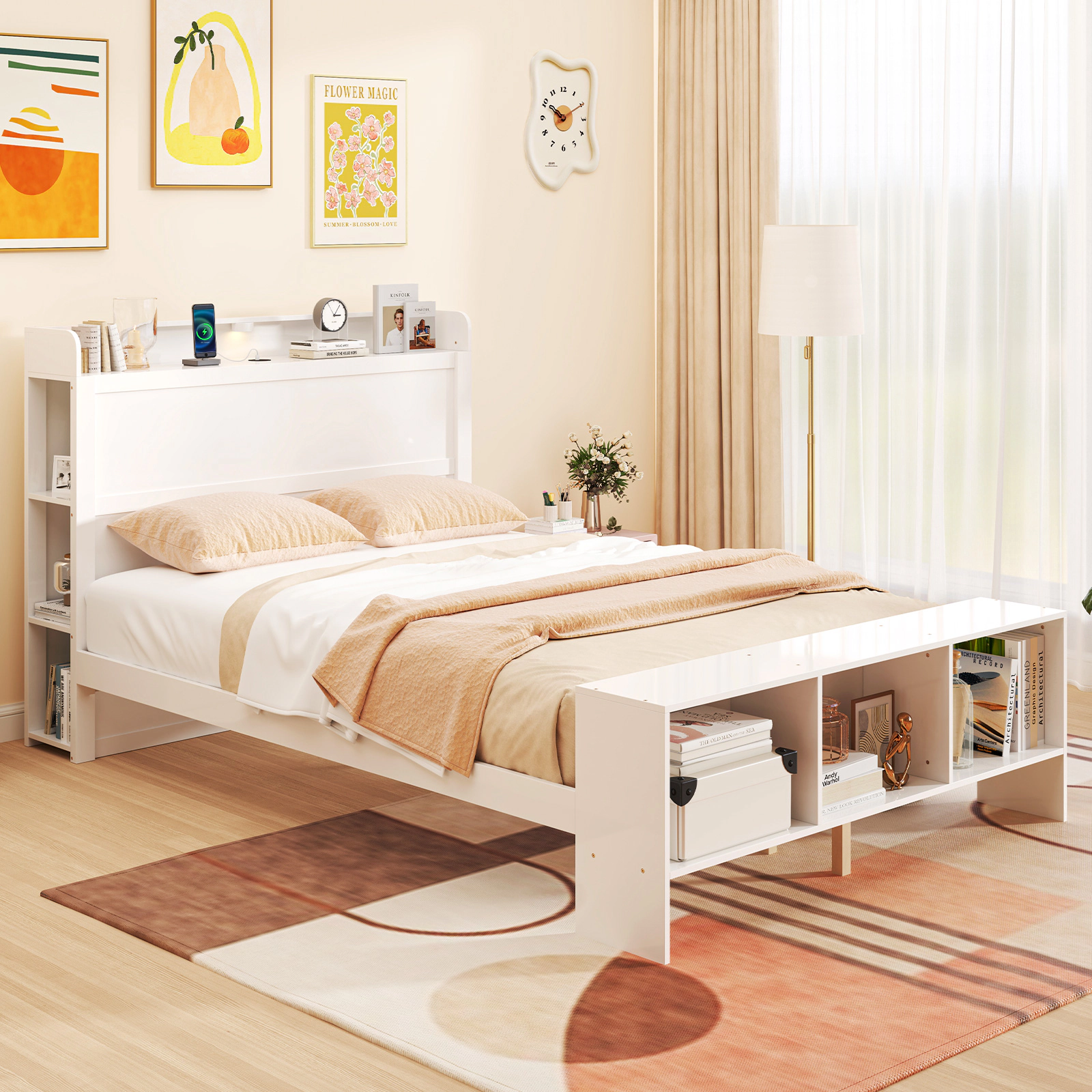 SUGIFT Full-Size Platform Bed Frame with Storage Cubes, LED Lights, USB Ports, White
