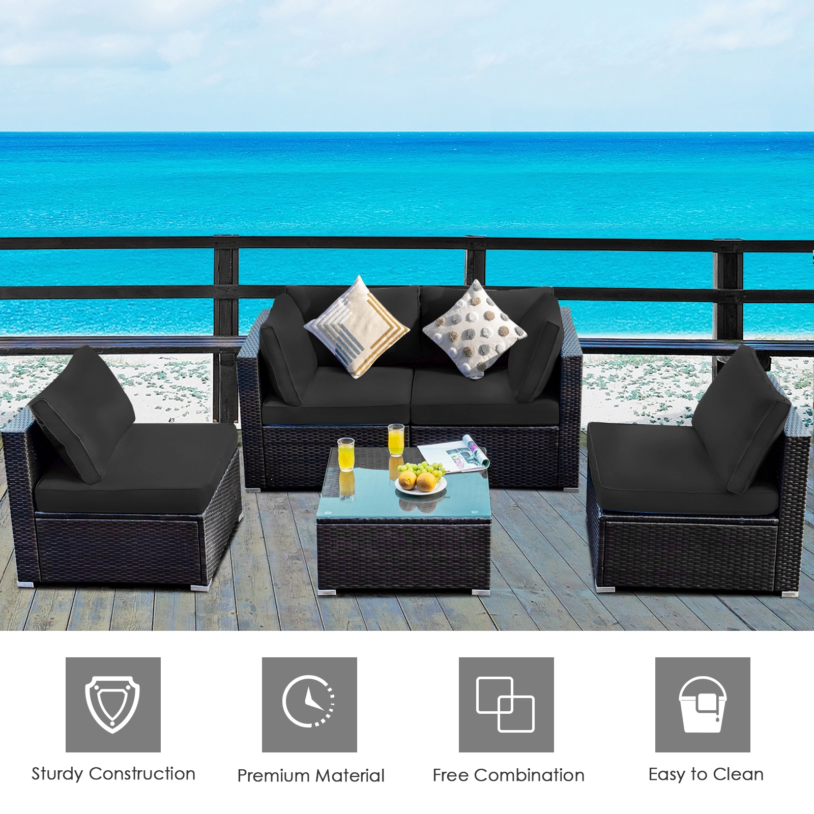 Hivvago 5 Pieces Cushioned Patio Rattan Furniture Set With Glass Table