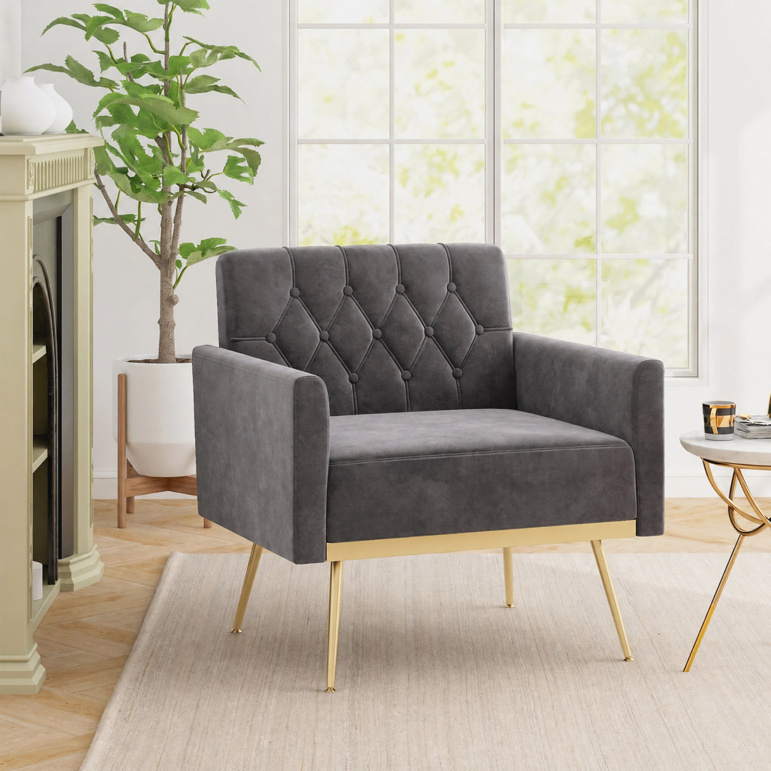 LJG Modern Velvet Upholstered Accent Chair with Button-Tufted Back and Adjustable Feet