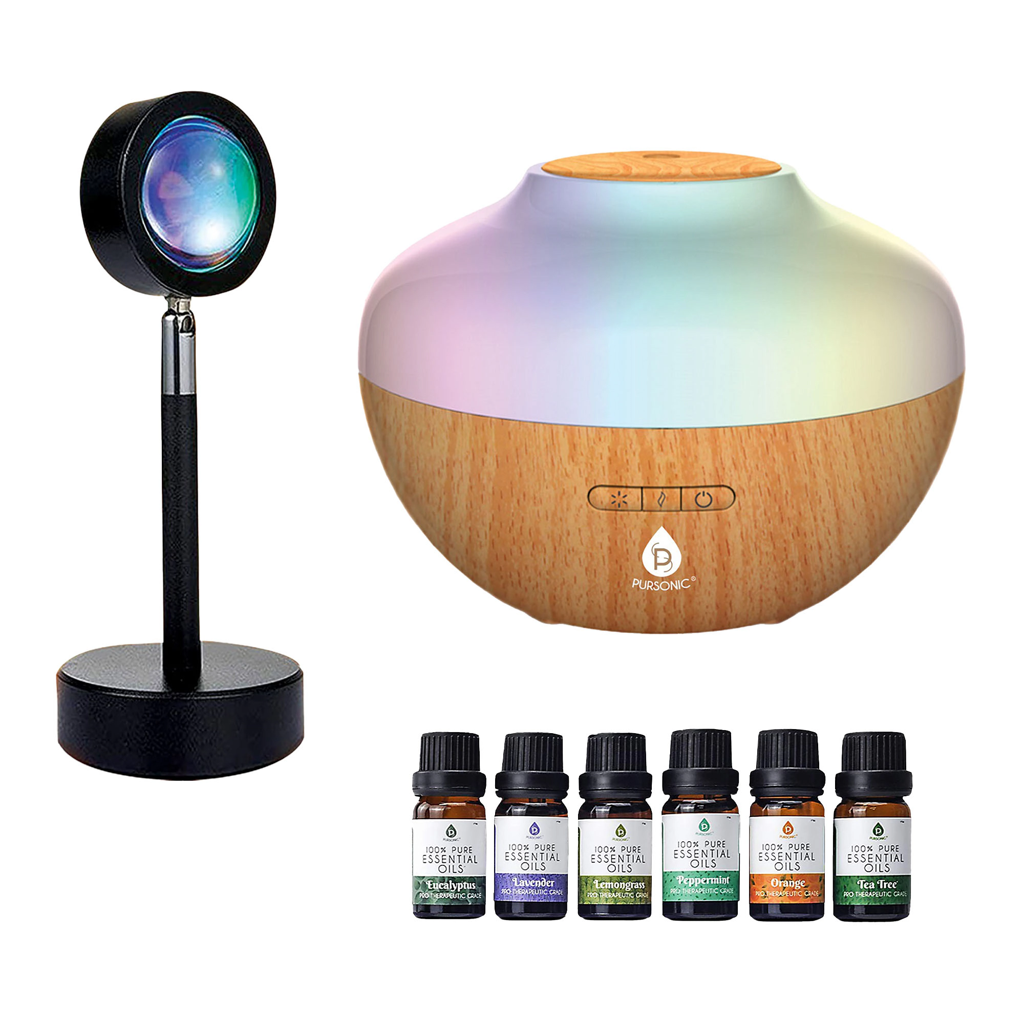 Pursonic Home Aromatherapy Bundle: Sunset Lamp, Aroma Diffuser & 6 Essential Oils