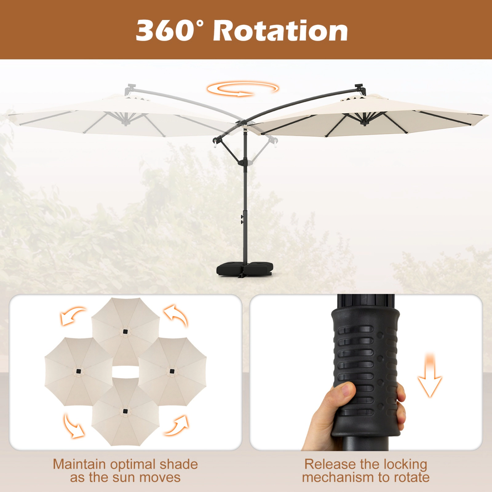 SUGIFT Solar LED Offset Cantilever Patio Umbrella with Crank 10 x 8-ft Canopy 116-lb Base Capacity with Sandbags Beige