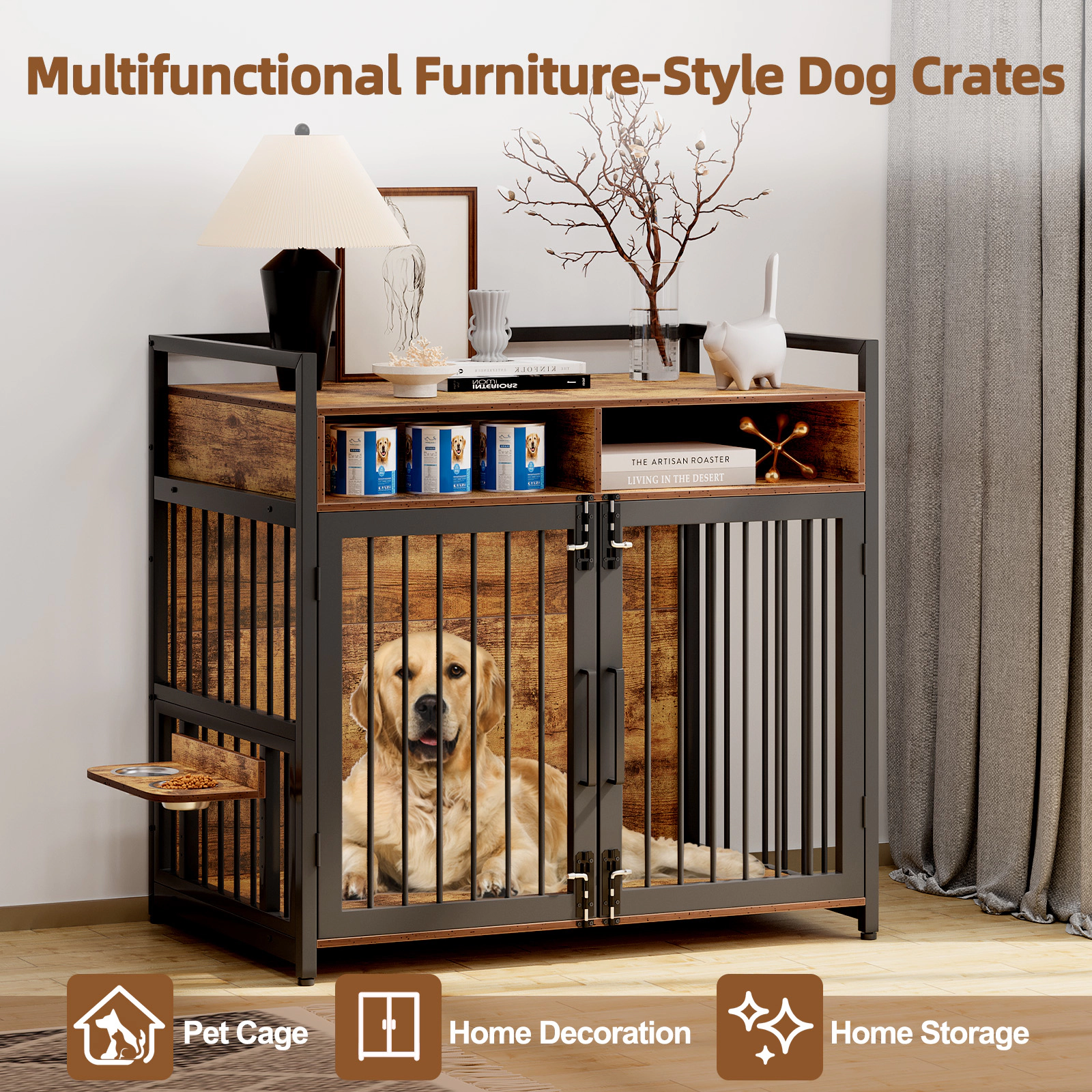 41" Large Dog Crate Furniture with 2 Storage Shelves & 360° Adjustable Feeder, Heavy Duty End Table for Medium Dogs