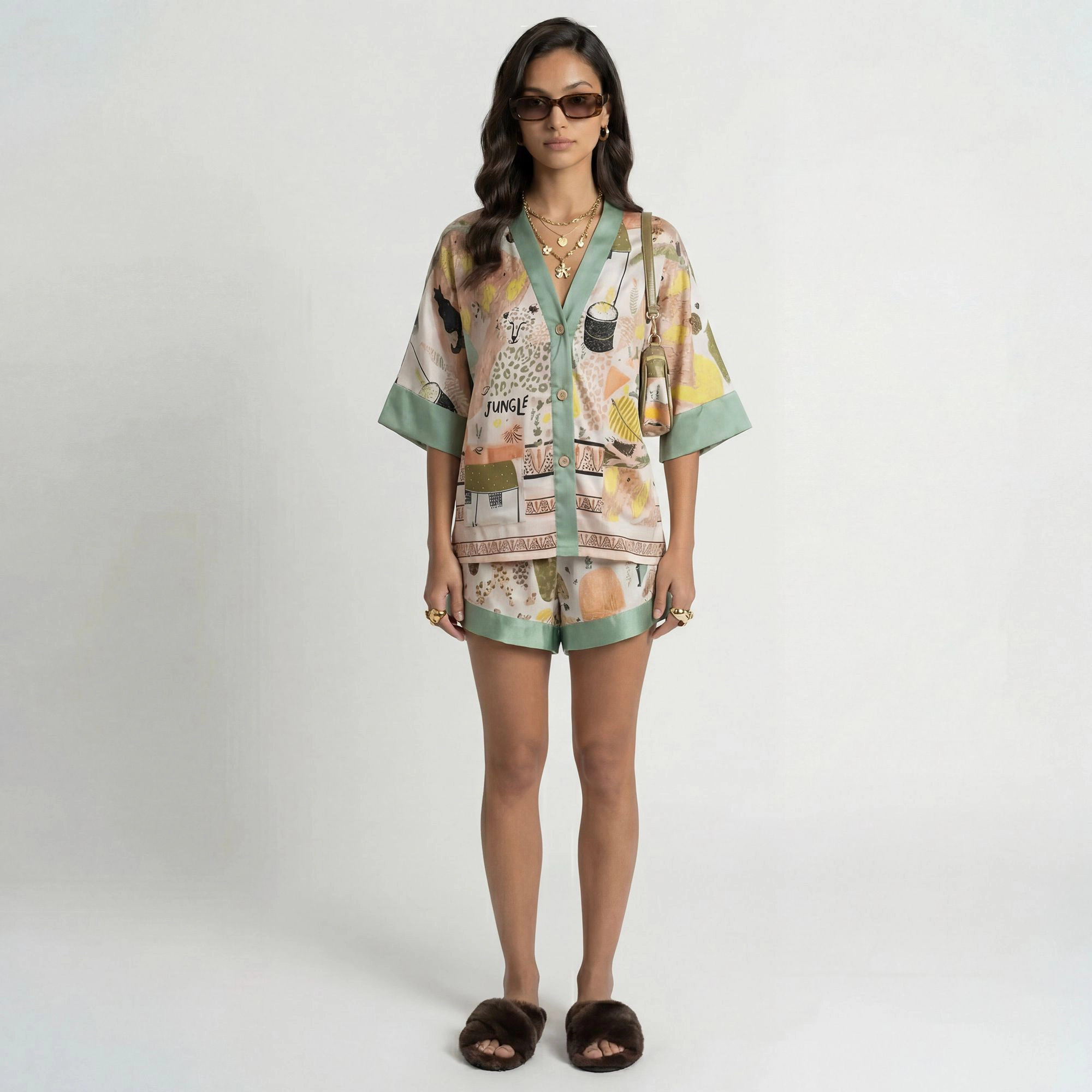 Anna-Kaci Women's Animal Print Pajama Set with Short Sleeves Button Up Top and Contrast Trim Shorts
