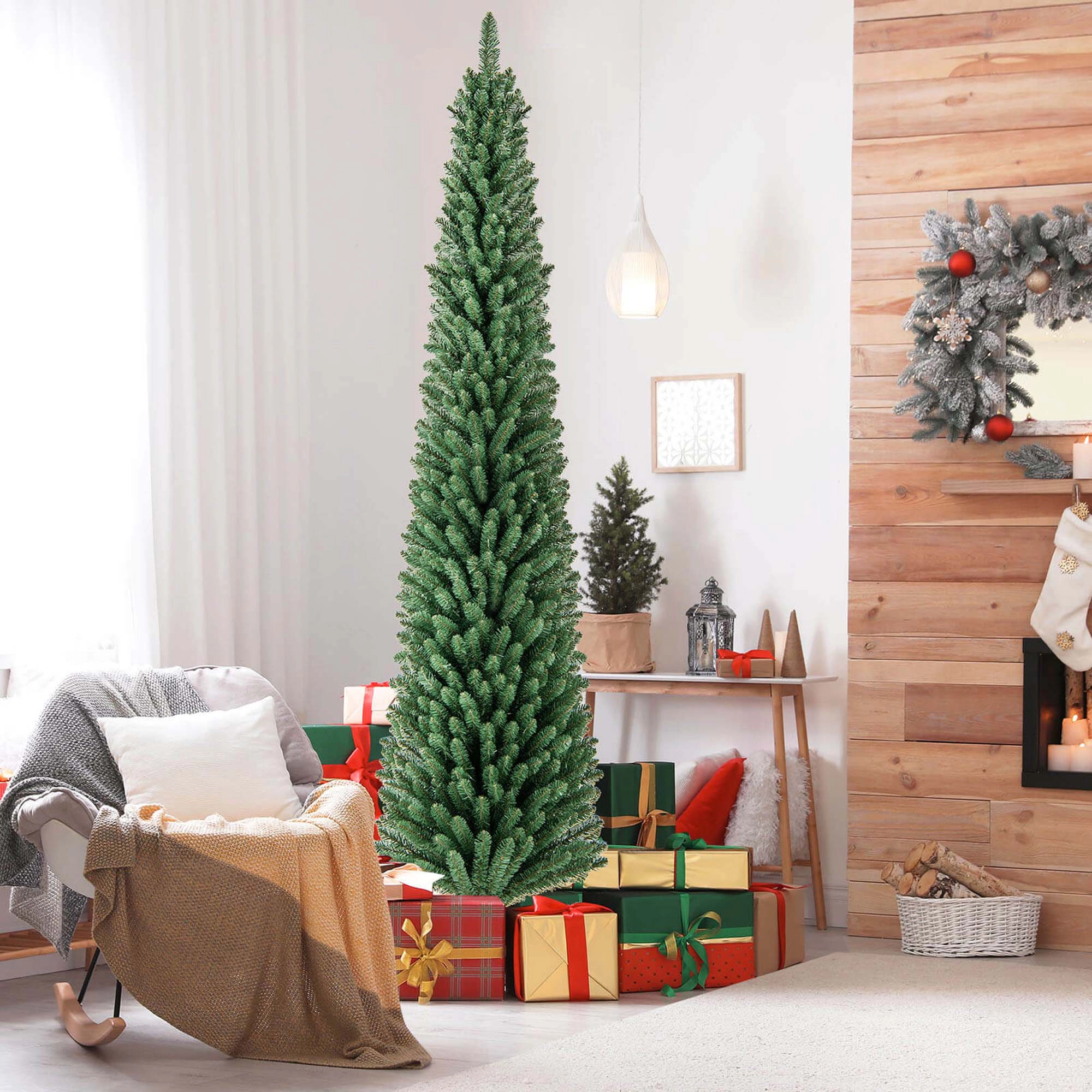 Costway 5/6/7/8 FT Pencil Christmas Tree with 295 Memory Wire Branch Tips 110/140/190/250 LED Lights for Home