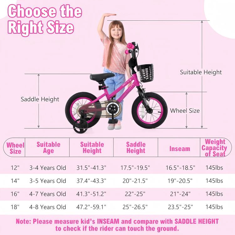 SUGIFT Pink Front Basket Training Wheels and Quick Release Seat Kids 14 Inch Bike