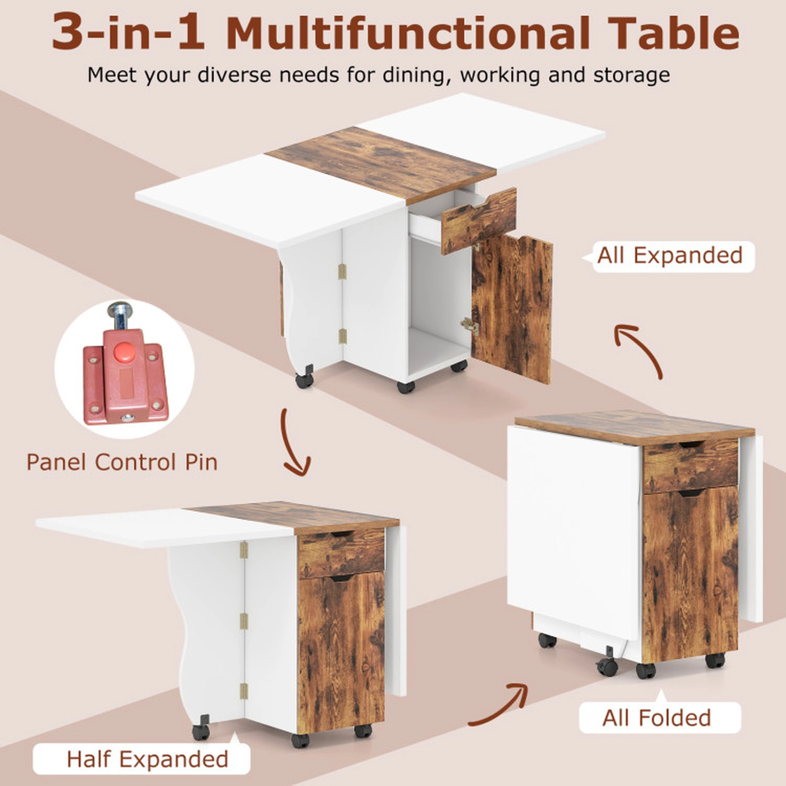 SUGIFT 63-in 3-in-1 Folding Dining Table, Rolling Kitchen Island with Storage