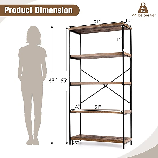 Hivvago 5-Tier Industrial Bookshelf Display Storage Rack with Metal Frame