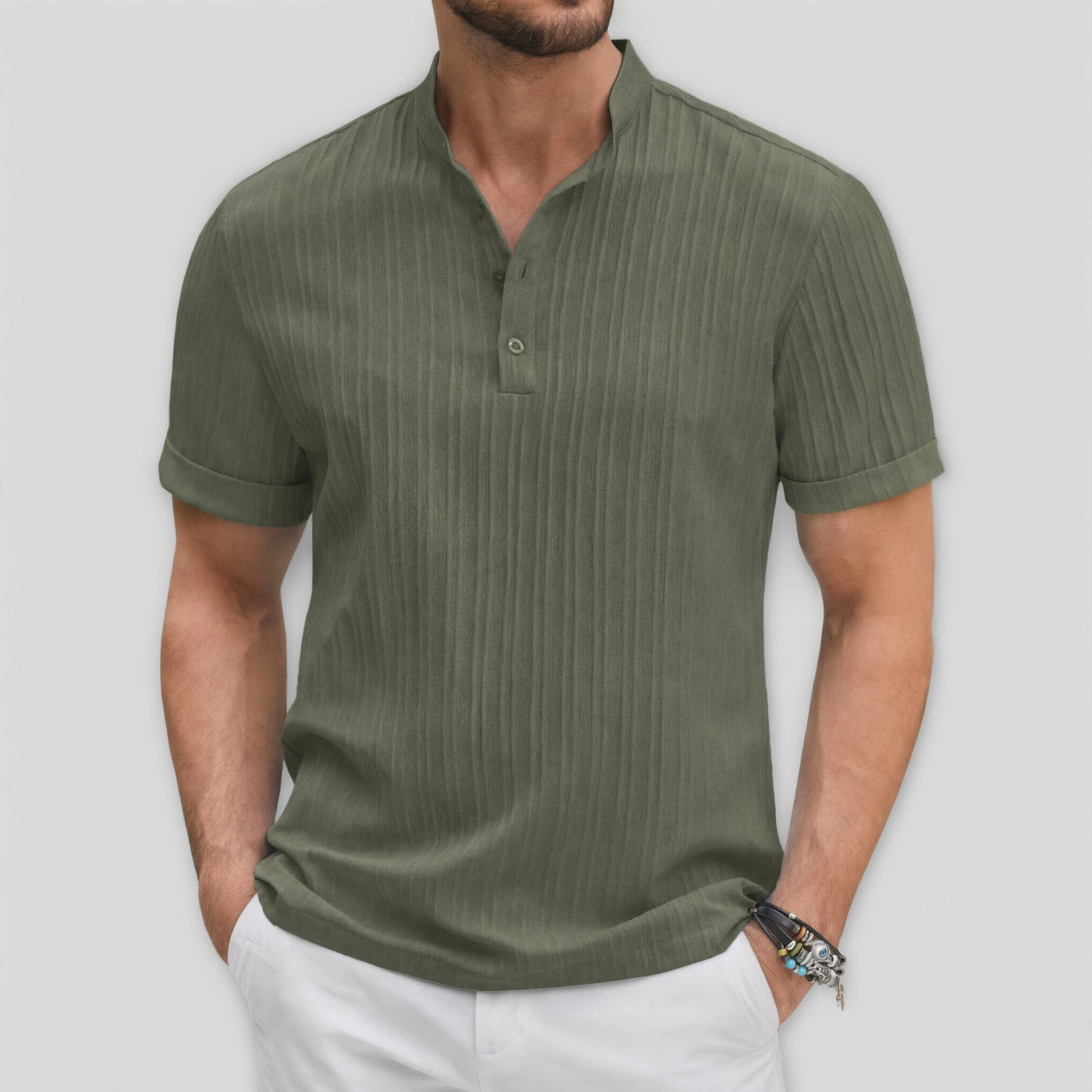 COOFANDY Mens  Solid Short Sleeve Henley Shirts V Neck Pleated Casual Tops