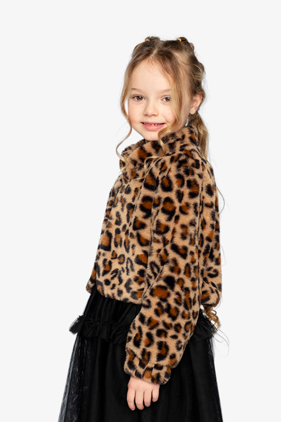 Deux par Girls Button Front Leopard Print Faux Fur Jacket with Side Pockets