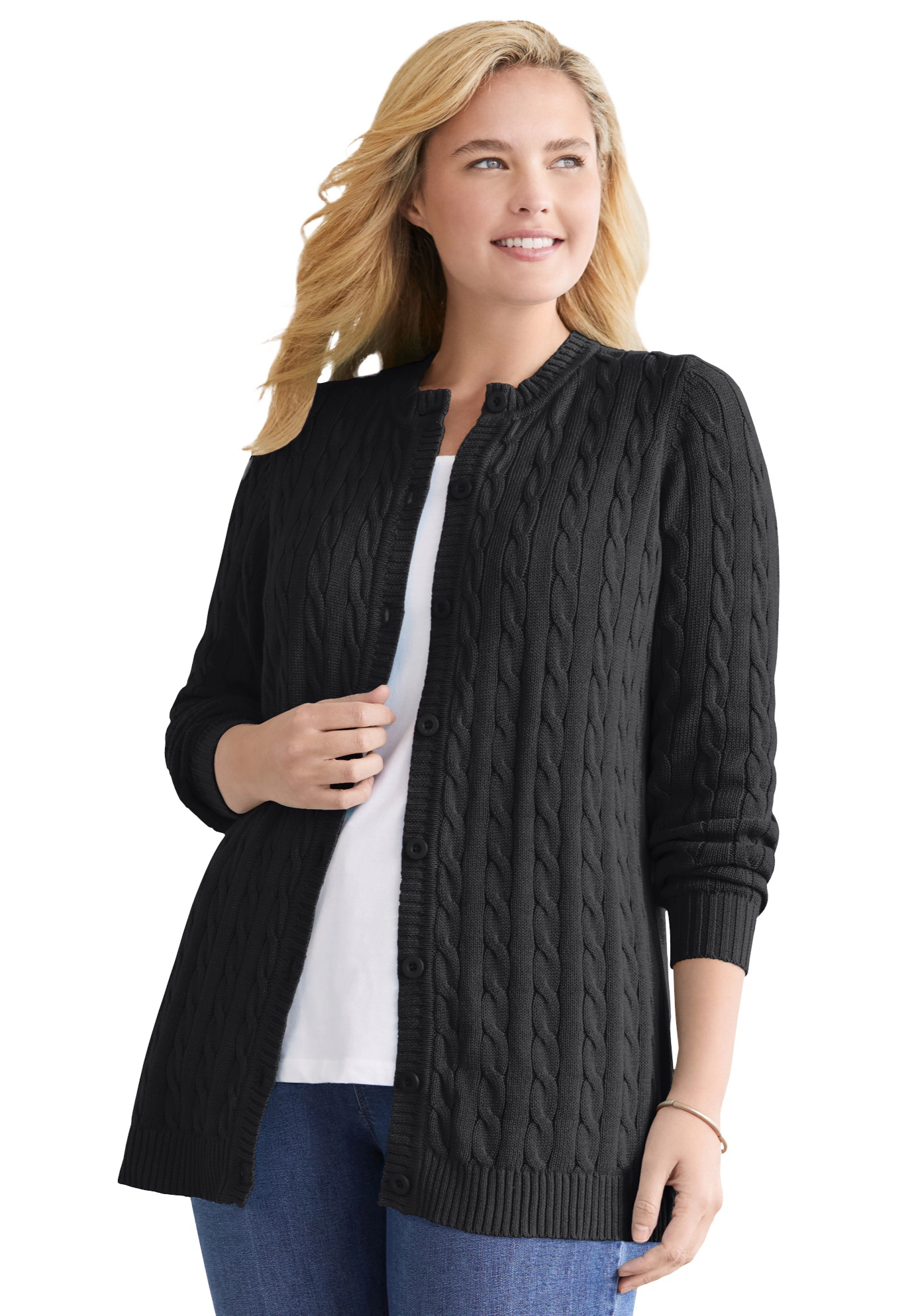 Woman Within Plus Cotton Cable Knit Cardigan Sweater
