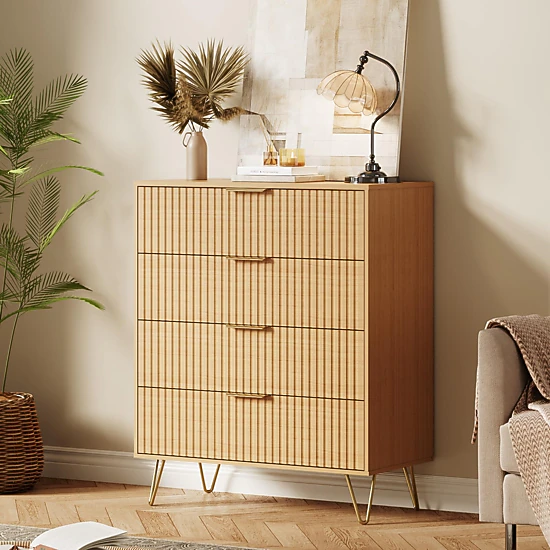 38" Tall Fluted 4 Drawer Dresser with Metal Handles, Modern Wood Storage Chest