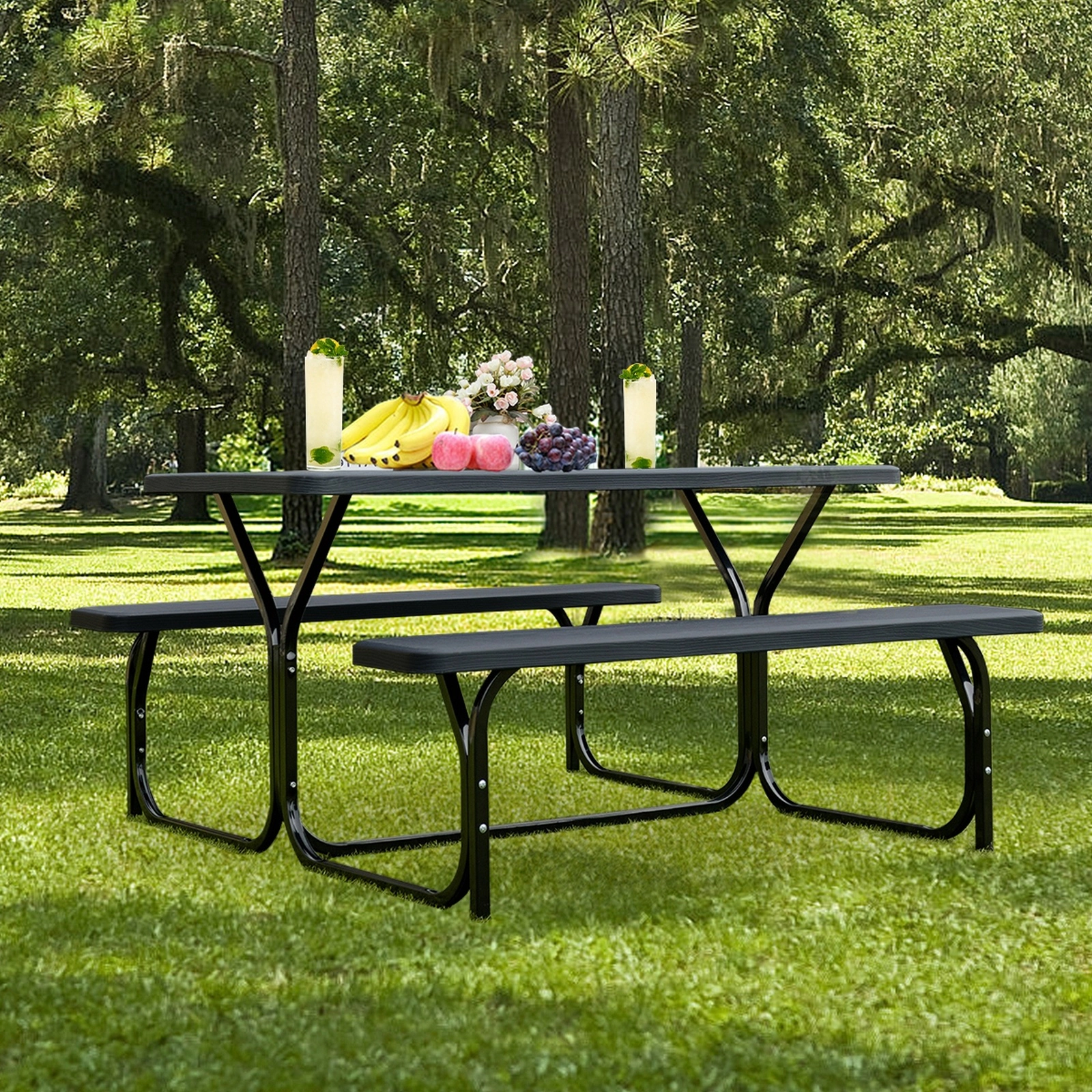SUGIFT Outdoor Picnic Table Bench Set with Metal Base 330-lb Table Capacity 440-lb Bench Capacity Black