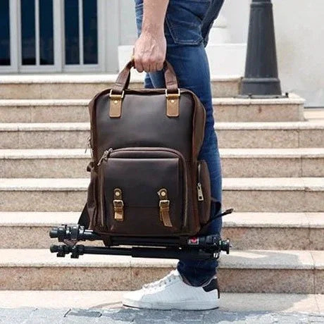 Steel Horse Leather Unisex The Gaetano | Large Leather Backpack Camera Bag with Tripod Holder