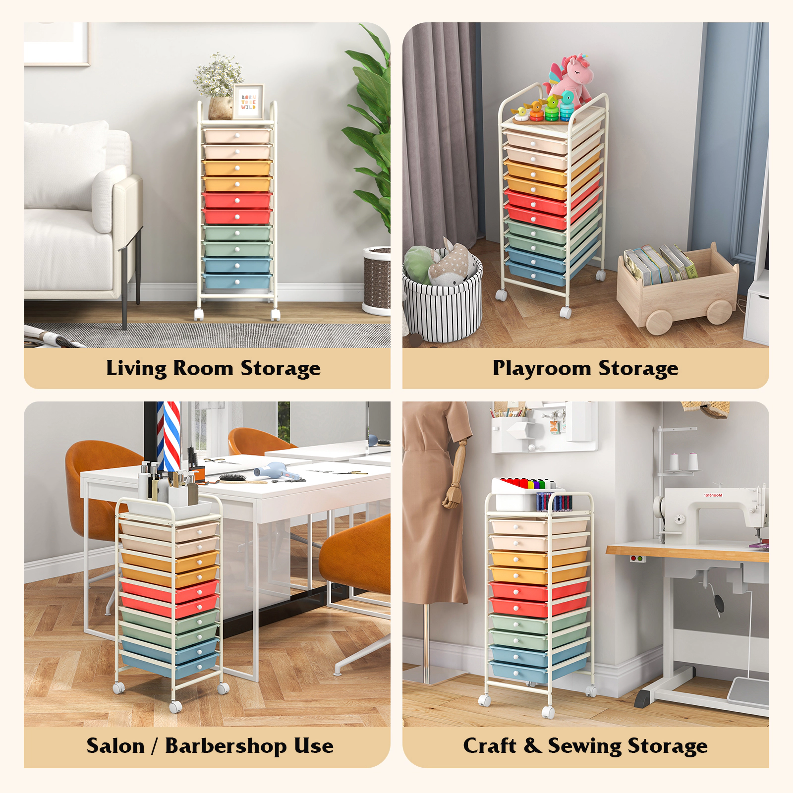 SUGIFT 34-in 10-Drawer Rolling Storage Cart Craft Organizer with Removable Drawers and 4 Universal Casters