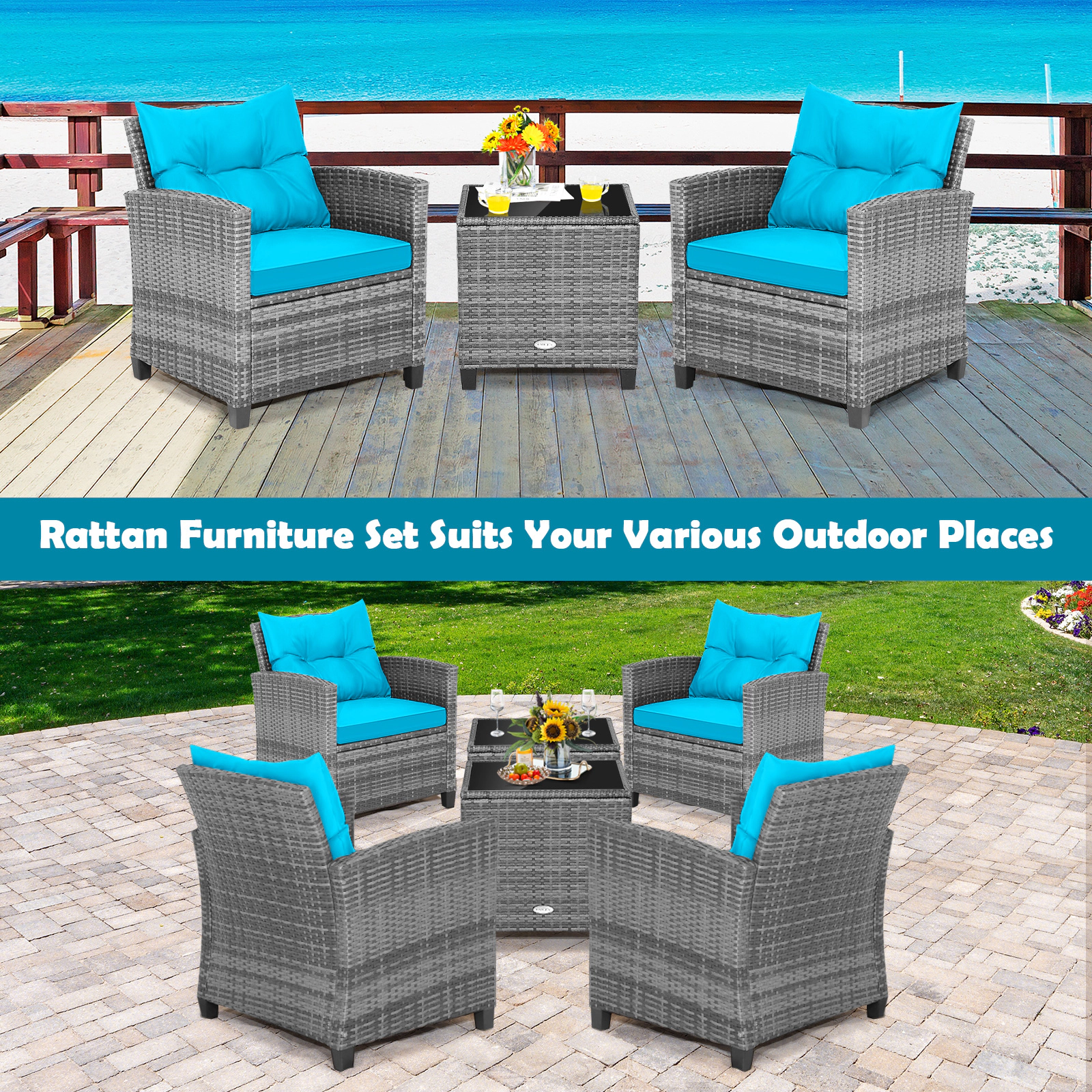 SUGIFT 3-Piece Gray Rattan Balcony Lounge Set with Cushioned Chairs and Glass Table