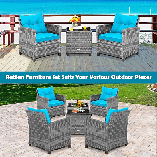 SUGIFT 3-Piece Gray Rattan Balcony Lounge Set with Cushioned Chairs and Glass Table