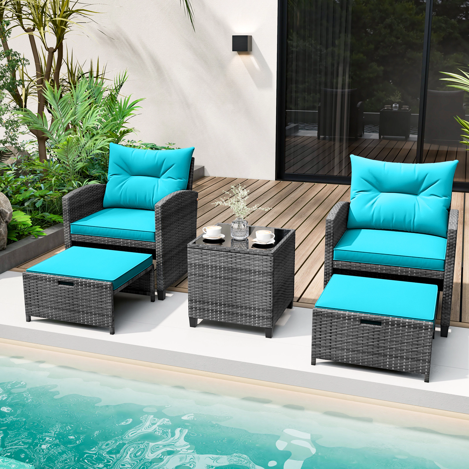 SUGIFT 2 Ottomans and Glass Top Coffee Table 5-Piece Turquoise Patio Rattan Set