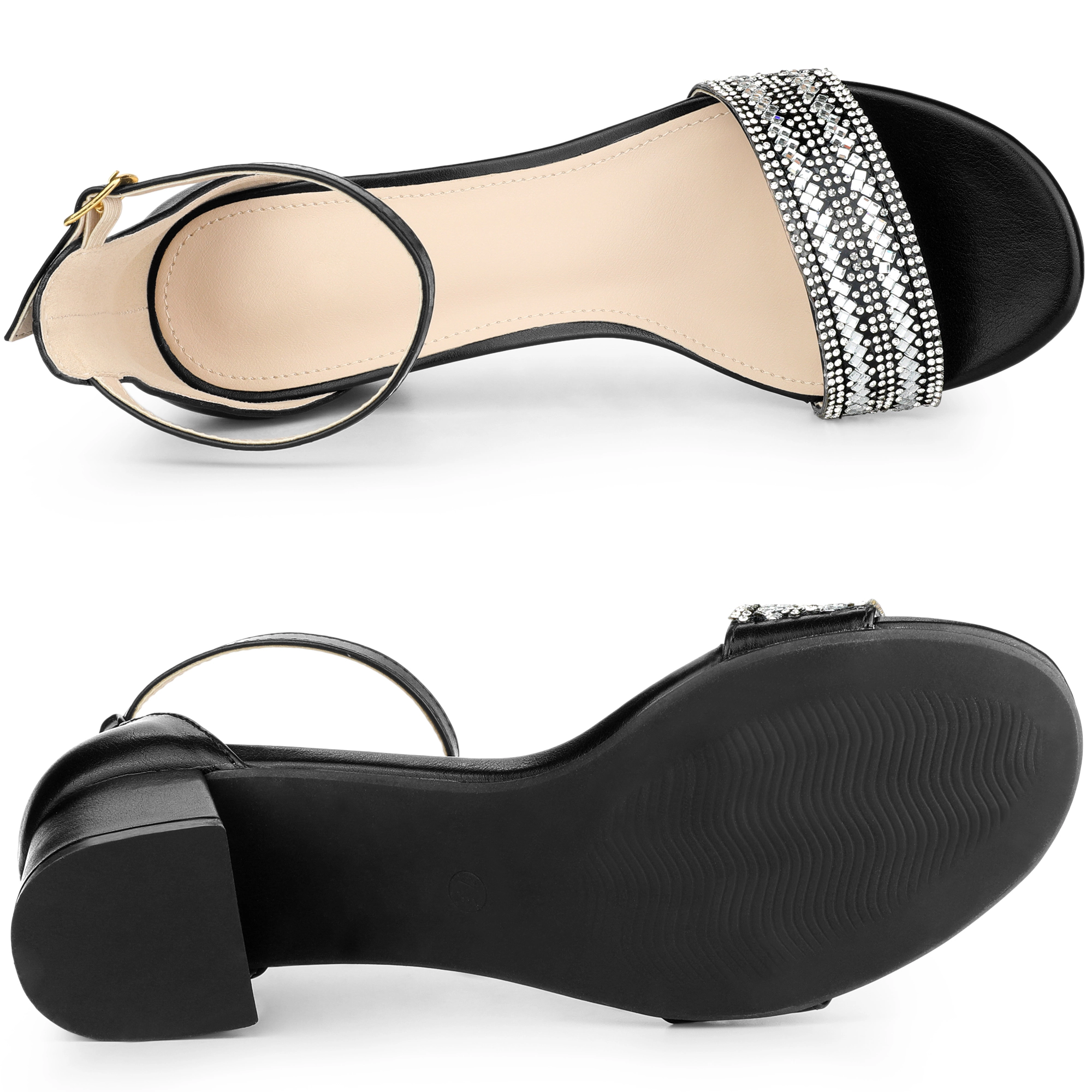 BLISSFUL STEP Women's Sparkly Rhinestone Ankle Strap Chunky Heel Sandals