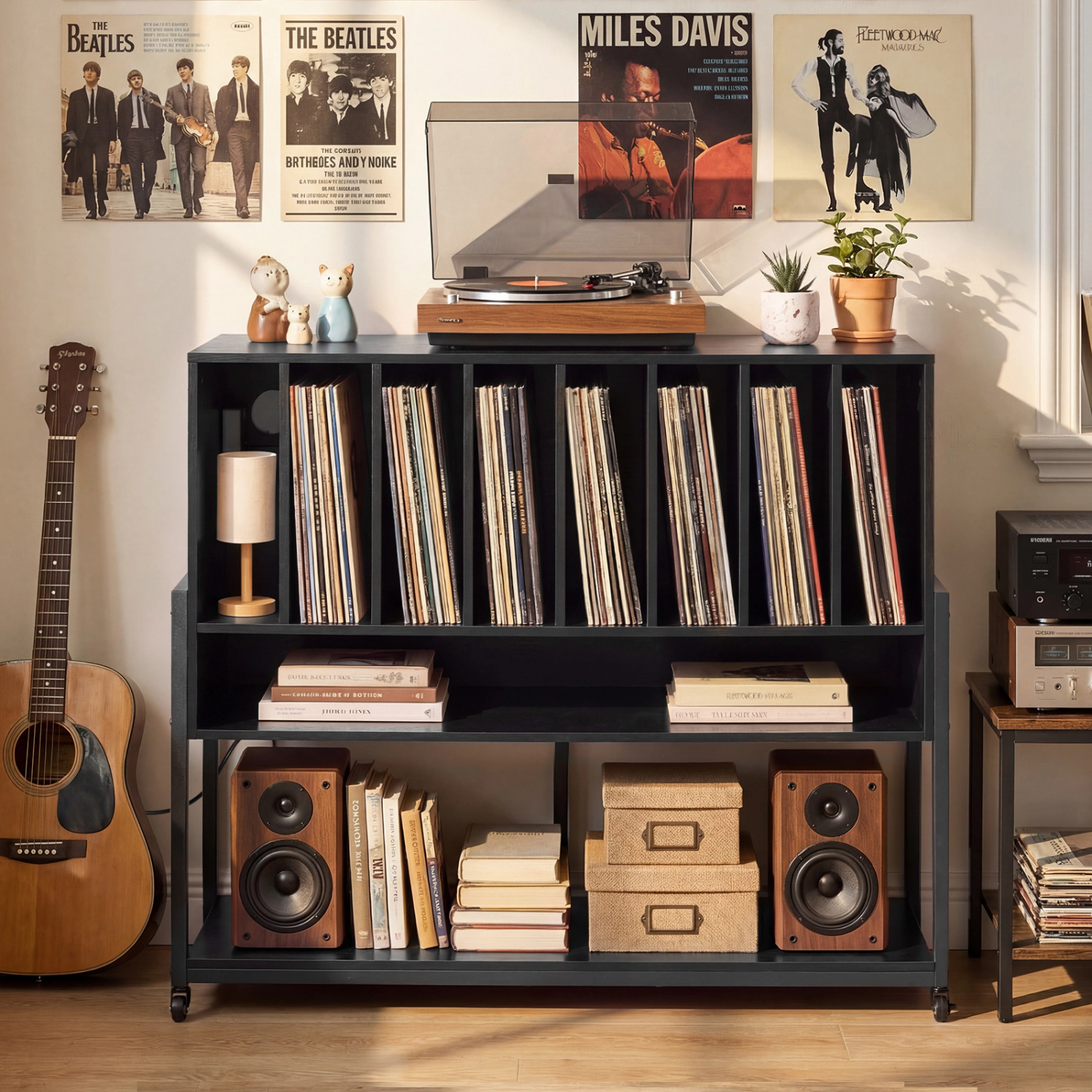 LJG Turntable Stand with Charging Station and Vinyl Storage