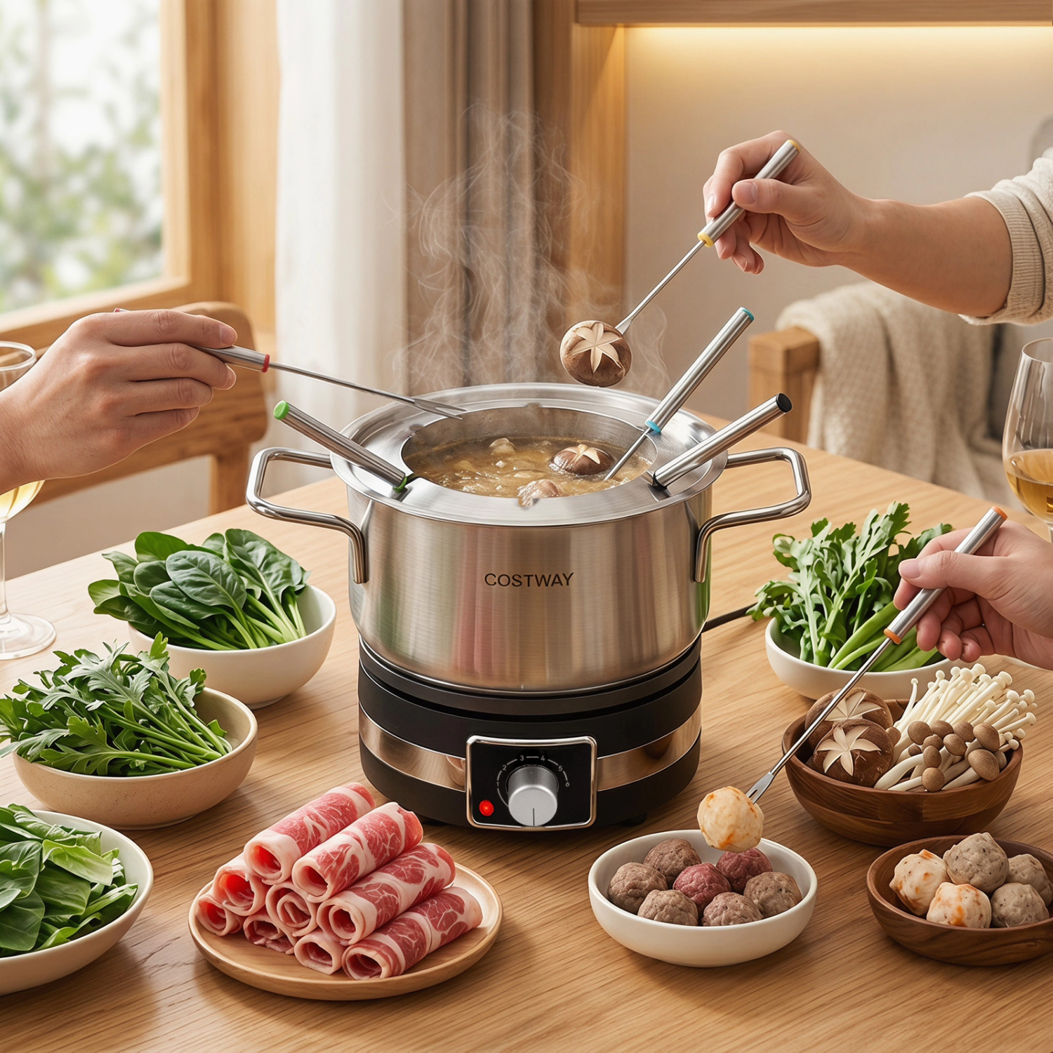 LJG 1200W Electric Fondue Pot Set with Removable Stainless Steel Pot and 6 Forks