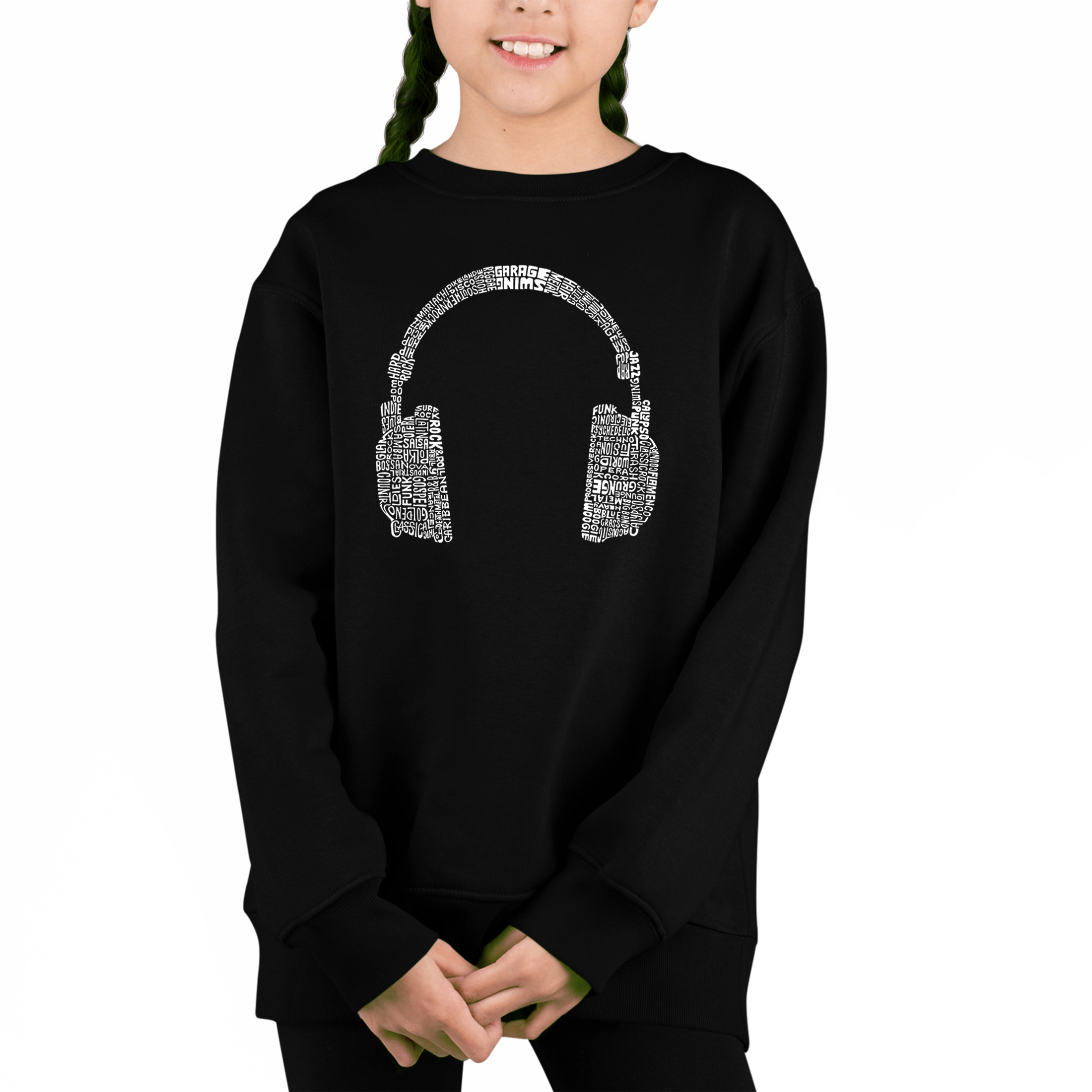 LA Pop Art Girl's Word Sweatshirt - 63 Different Genres Of Music