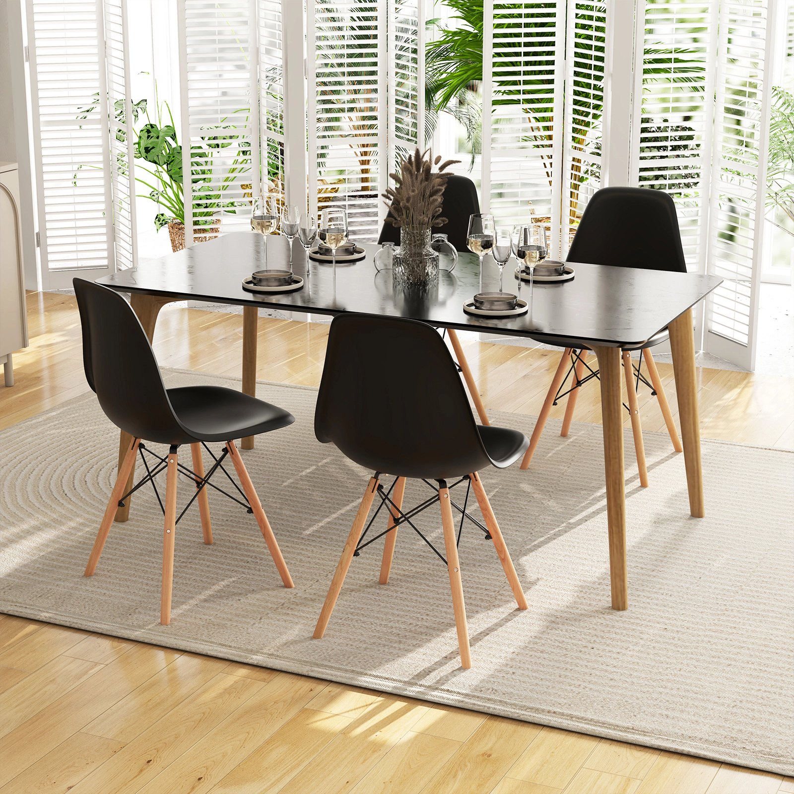 SUGIFT Beech Wood Legs Set of 4 Modern Armless Dining Chairs Molded Plastic Seats