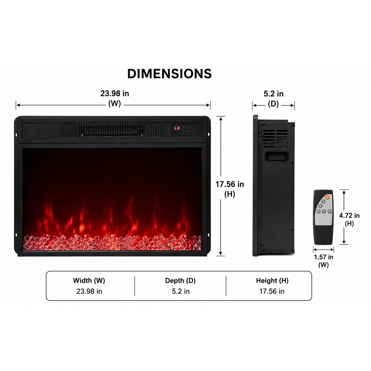 SlickBlue Black Electric Fireplace Heater Insert, 5000 BTU, 9 Flame Colors, Remote Control