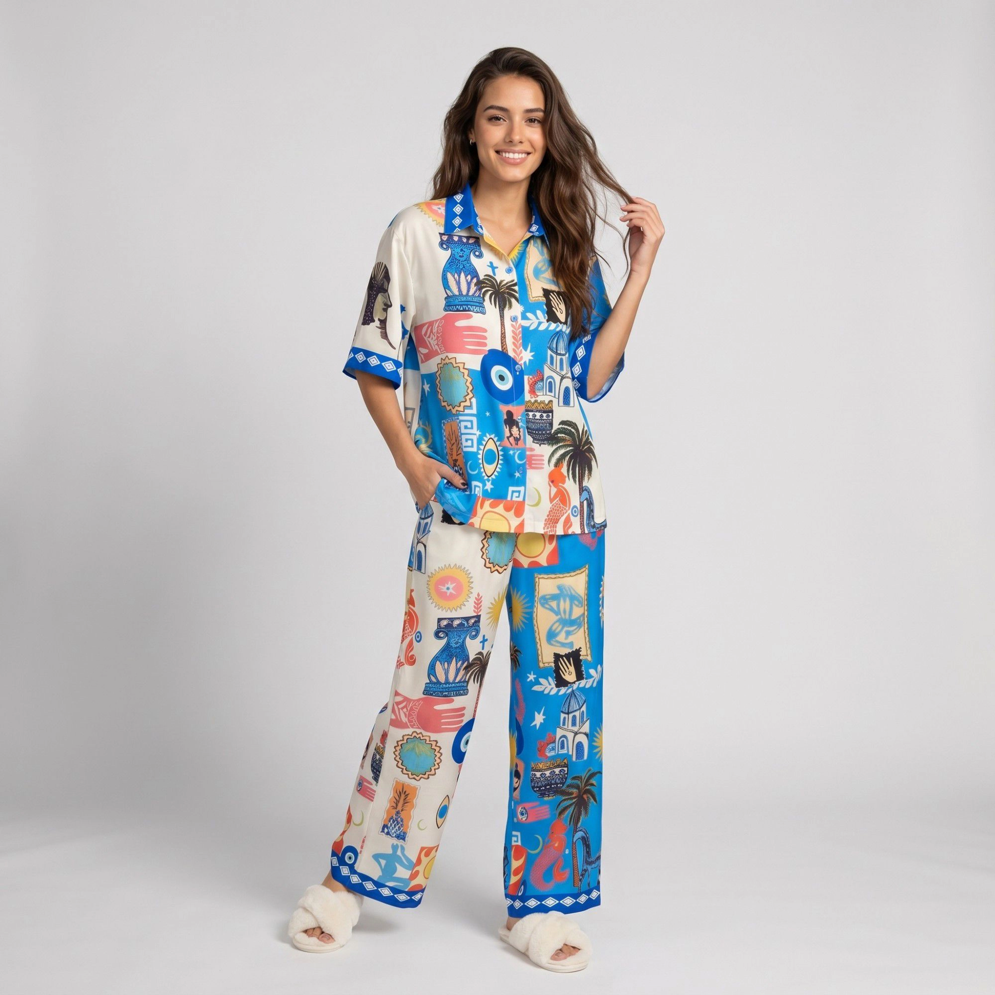 Anna-Kaci Women's 2-Piece Travel Print Pajama Set with Short Sleeve Button Top and Wide Leg Pants
