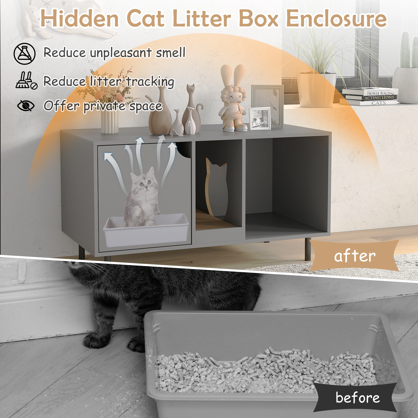 SUGIFT 40-in Cat Litter Box Enclosure Hidden Cat Washroom with Scratching Board for 2 Cats Black/White