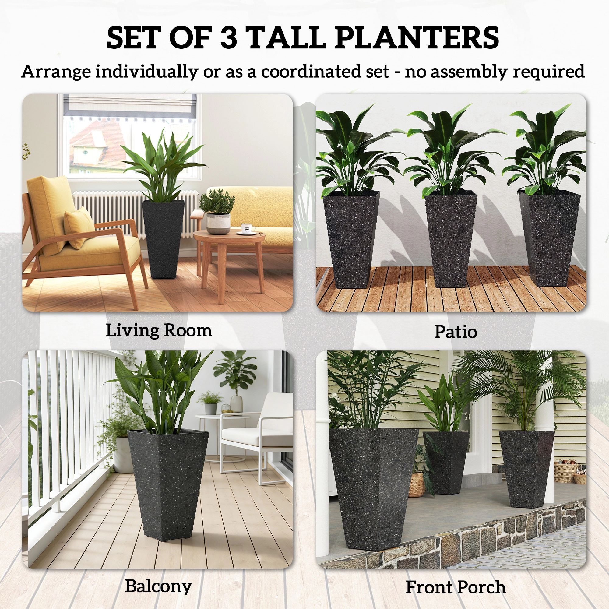 HONGGE 28" Tall Planters Set of 3 Plastic Flower Pots with Marble Finish and Drainage Holes Stackable Taper