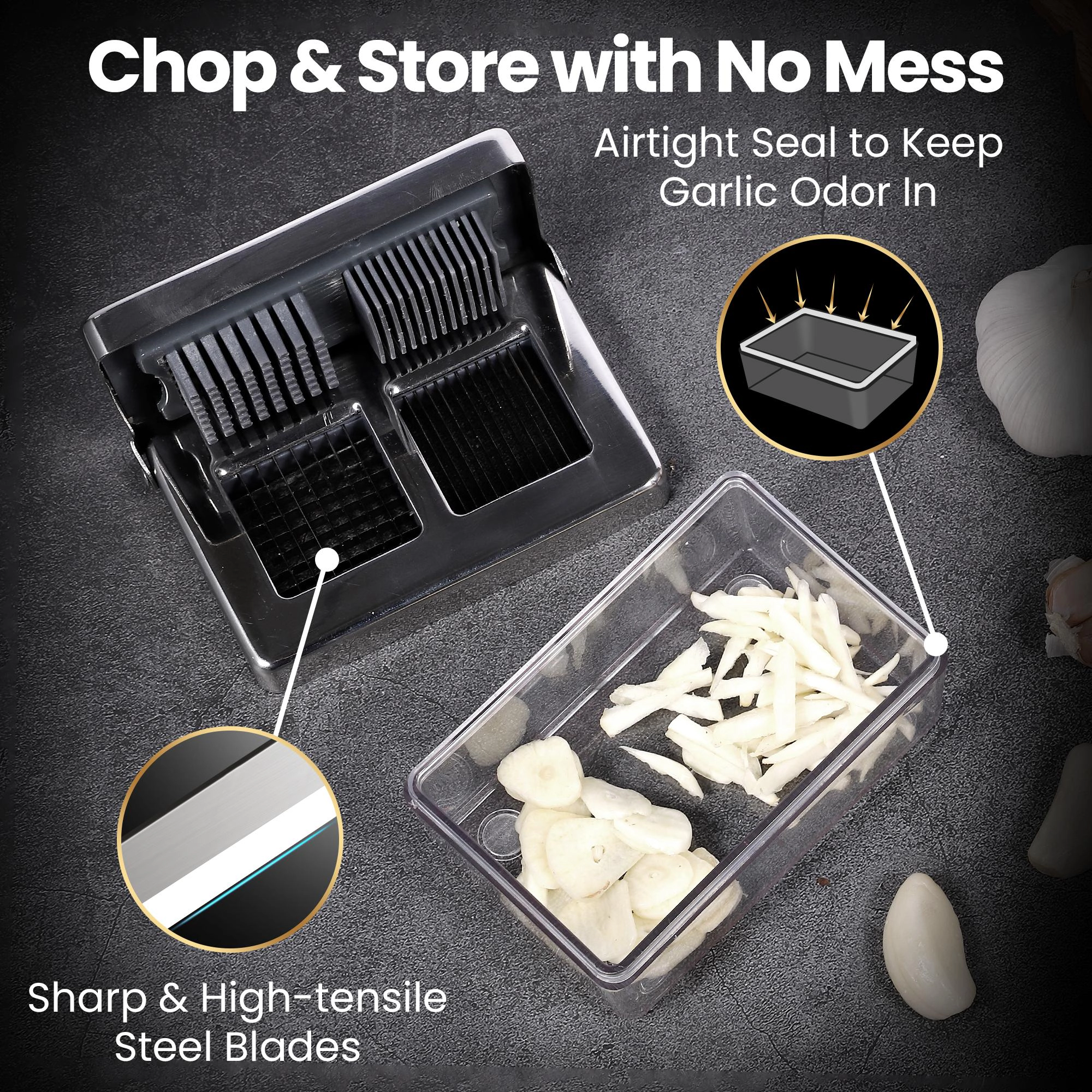 Gourmet Easy Garlic Chopper, Stainless Steel Gralic Press, 2-in-1 Garlic Slicer Super Thin With Container
