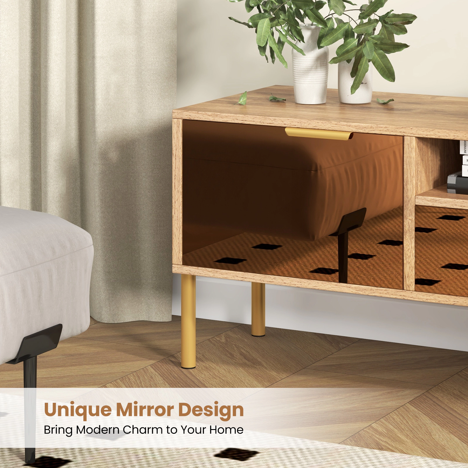 SUGIFT Mirrored TV Stand for TV up to 65 Inch with 58-in Tabletop, Drawer and 2 Storage Cabinets 220-lb Capacity Natural