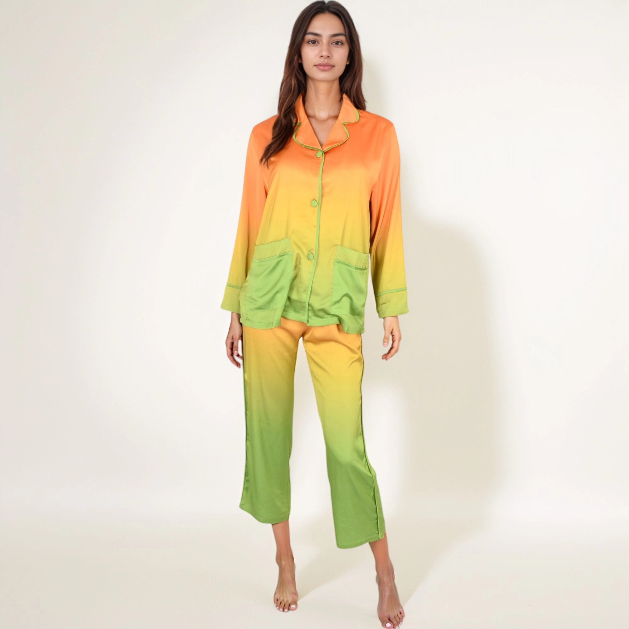 Anna-Kaci Women's Satin Pajama Set with Ombre Gradient Color Block Button Top and Wide Leg Pants