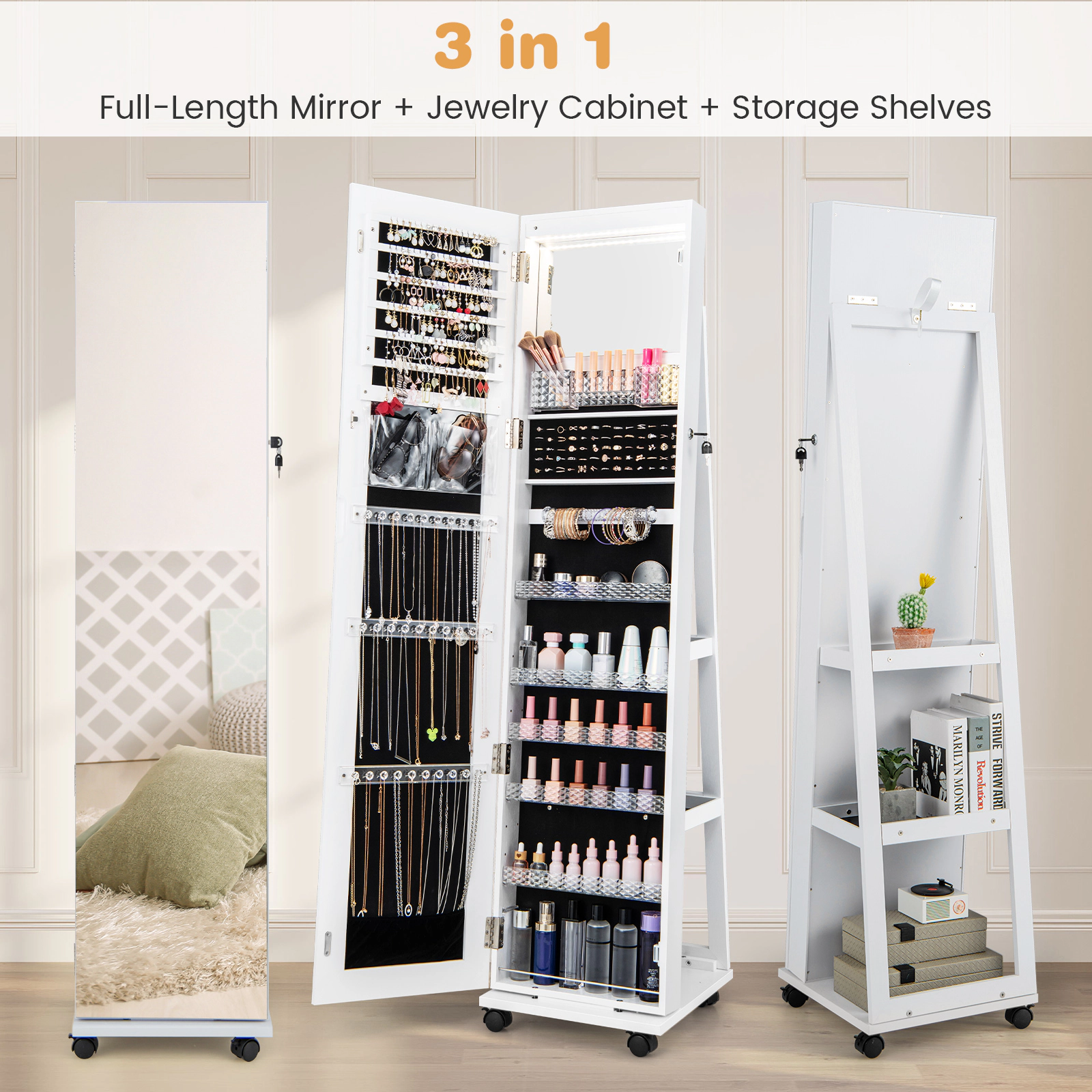 SUGIFT 64-in White Standing Jewelry Organizer Cabinet Mirror Armoire with Necklace Hooks and Earring Slots