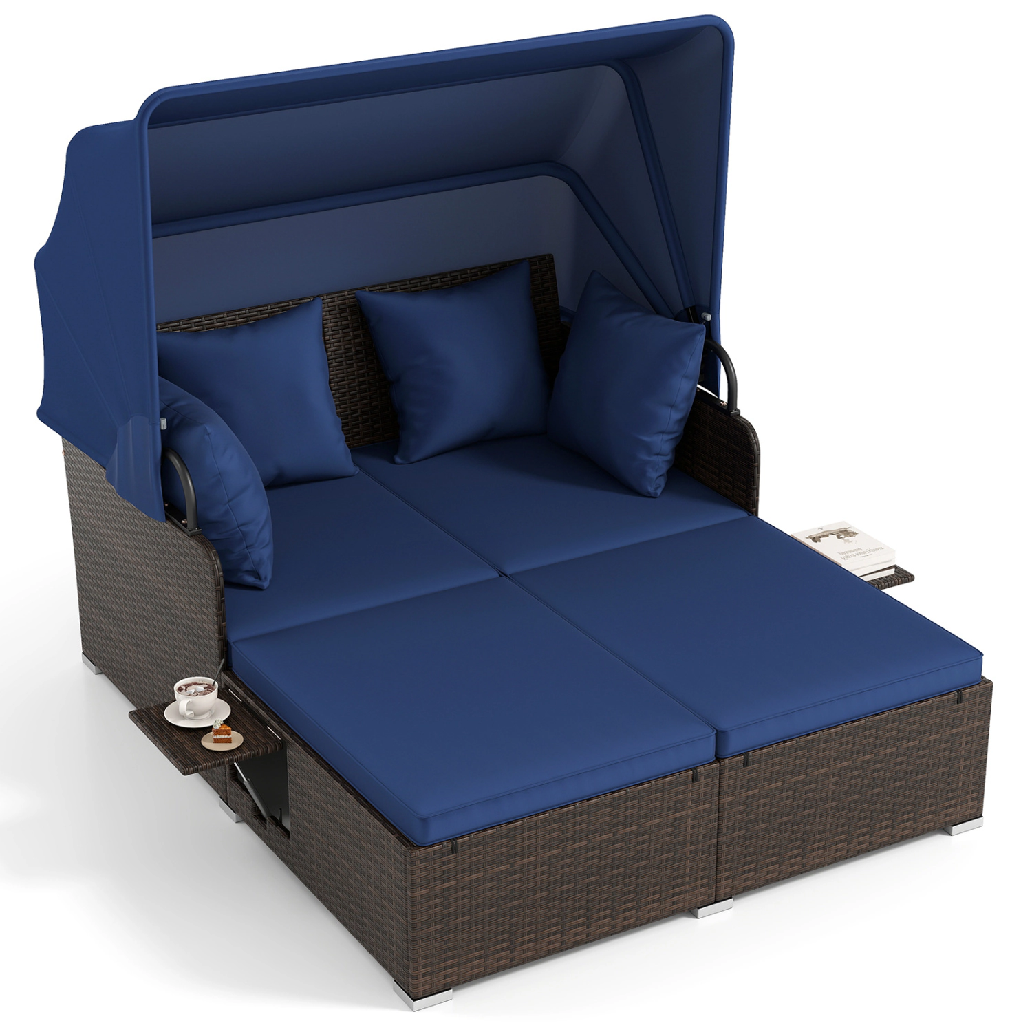 LJG Outdoor Patio Rattan Daybed with Retractable Canopy and Side Tables