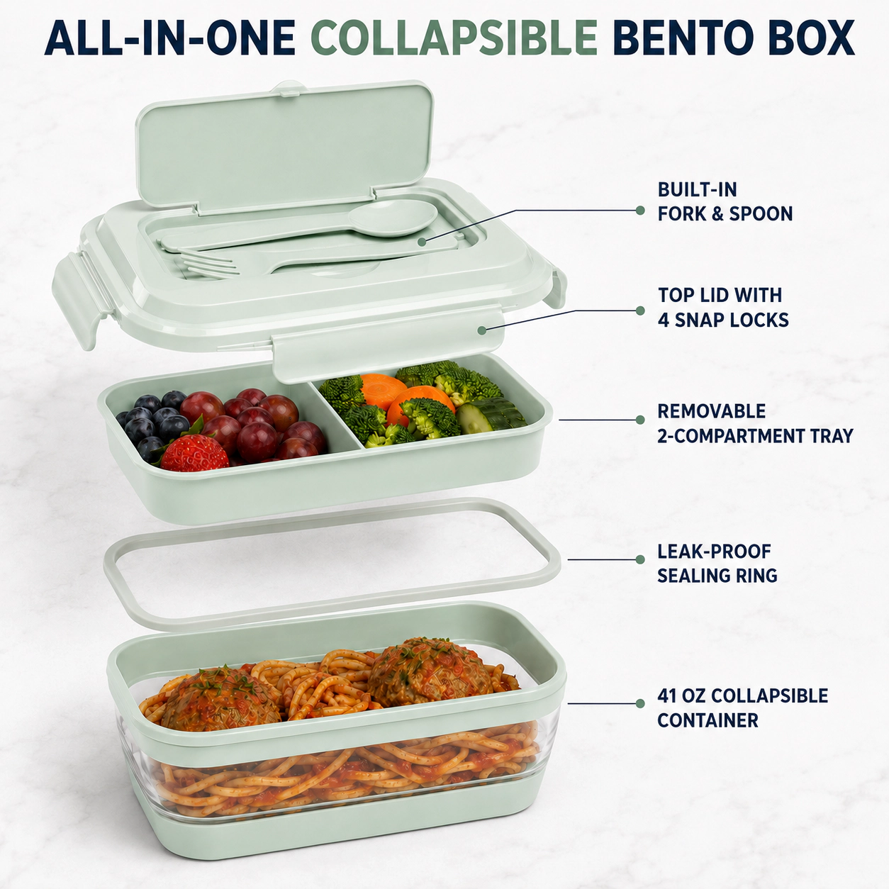 CHEFSPOT Collapsible Silicone Bento Lunch Box With Utensils