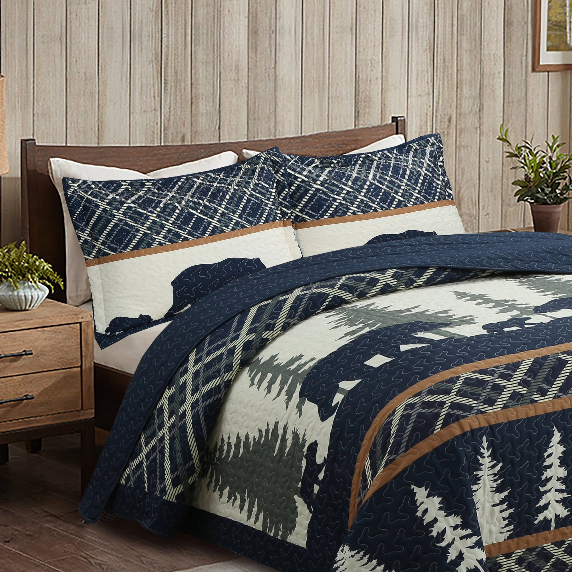 MarCielo 3 Pieces Rustic Cabin Bear Forest Quilt Bedspread Set – Lodge Country Coverlet with 2 Shams