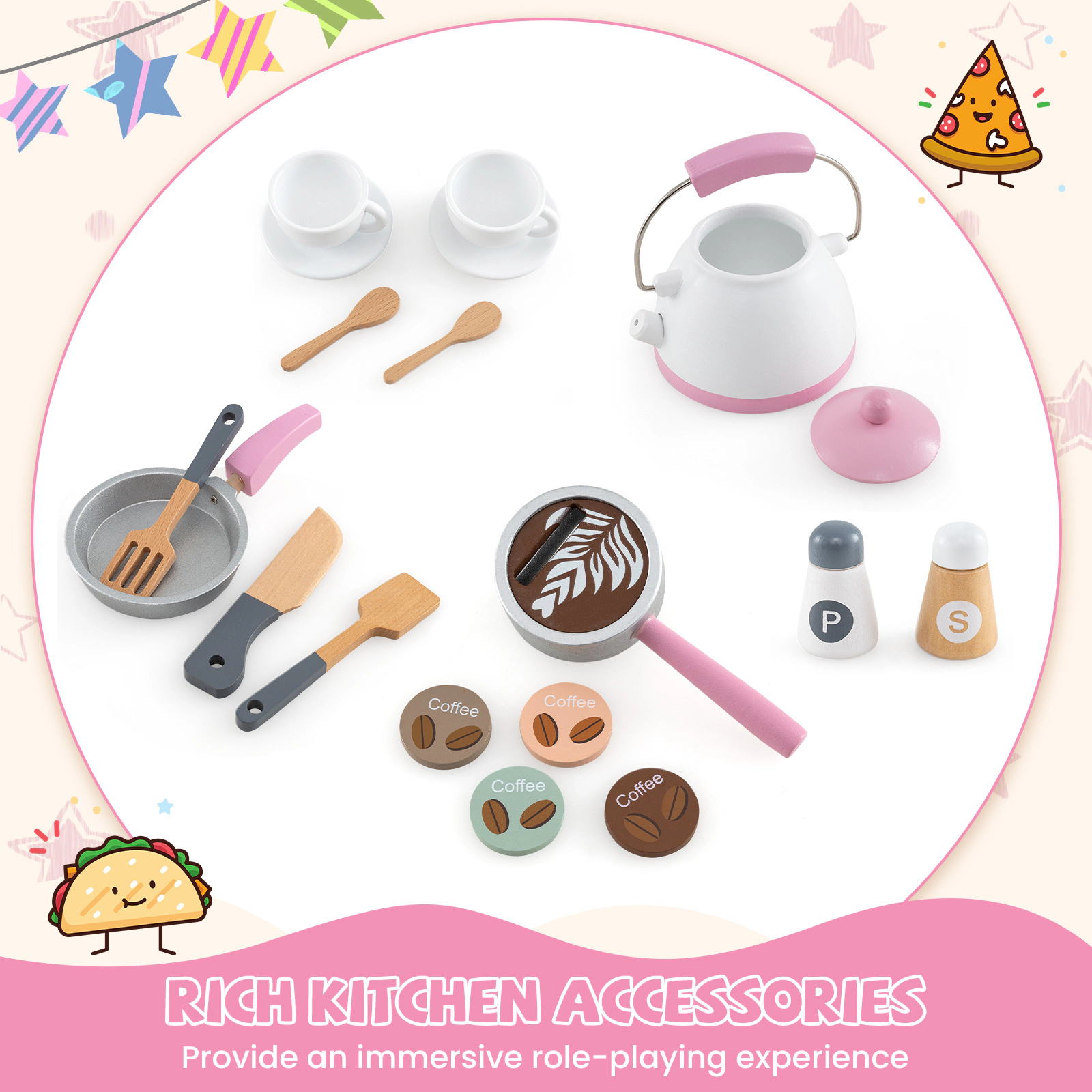 SUGIFT Machine Slide and 18 Accessories Corner Wooden Kids Play Kitchen