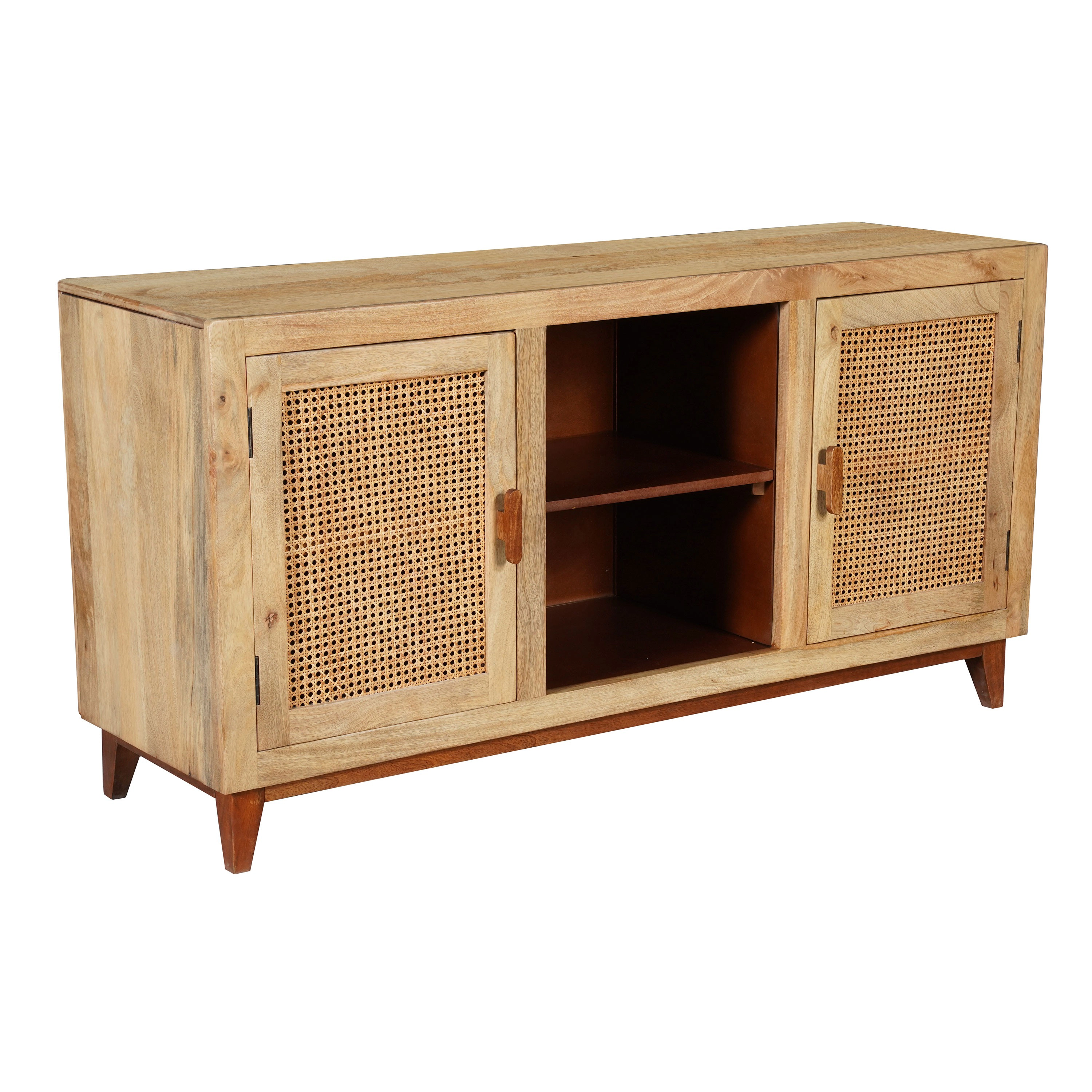 The Urban Port Aru 58 Inch 2 Cane Doors Open Shelves 2 Tone Antique Brown Mango Wood Sideboard Buffet Cabinet