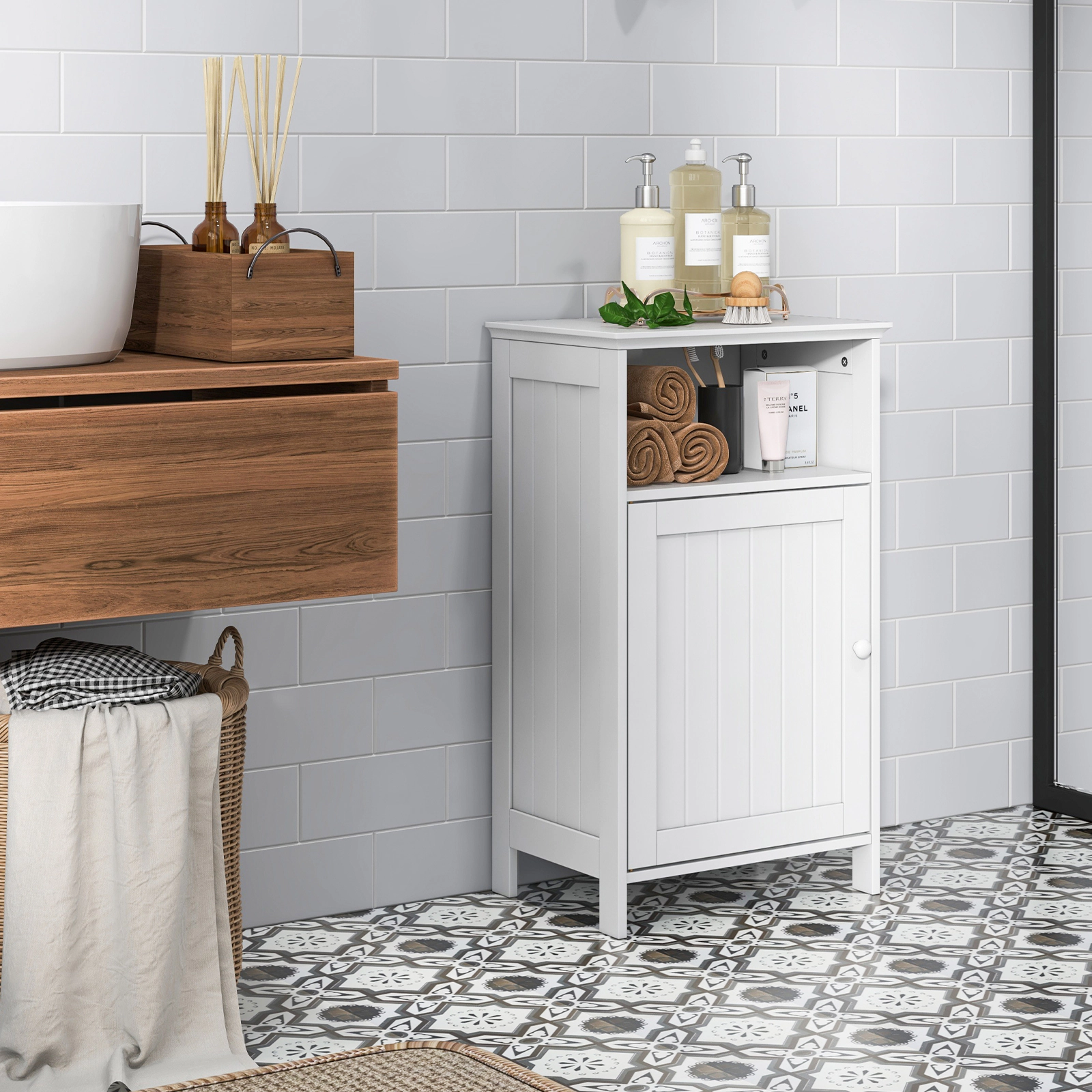 SUGIFT Freestanding MDF Bathroom Floor Storage Cabinet with Adjustable Shelf 27.5-in Tall WhiteGray