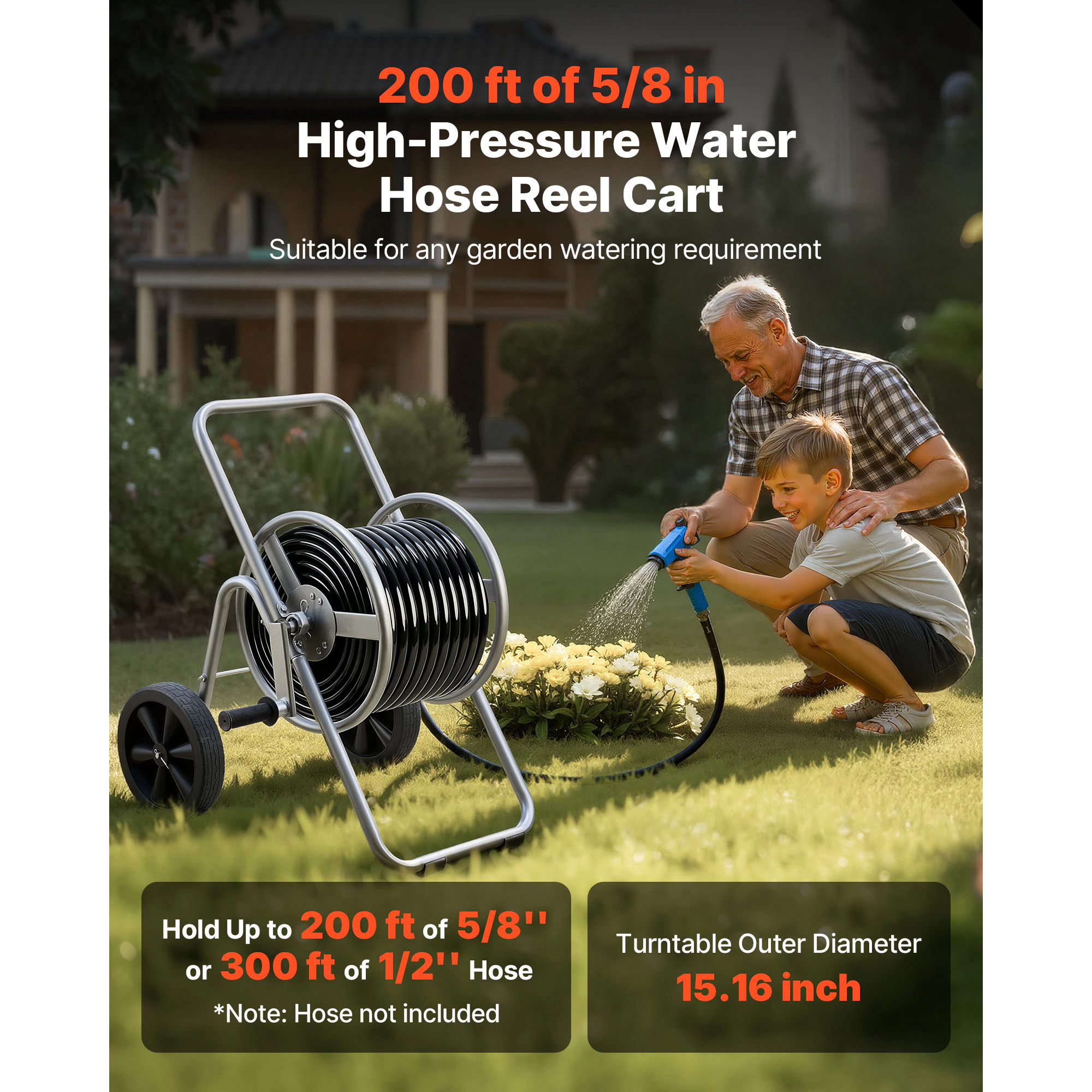 HONGGE Heavy-Duty Garden Hose Reel Cart with Two Wheels, Handle & Mesh Storage Basket, Portable for Garden Car