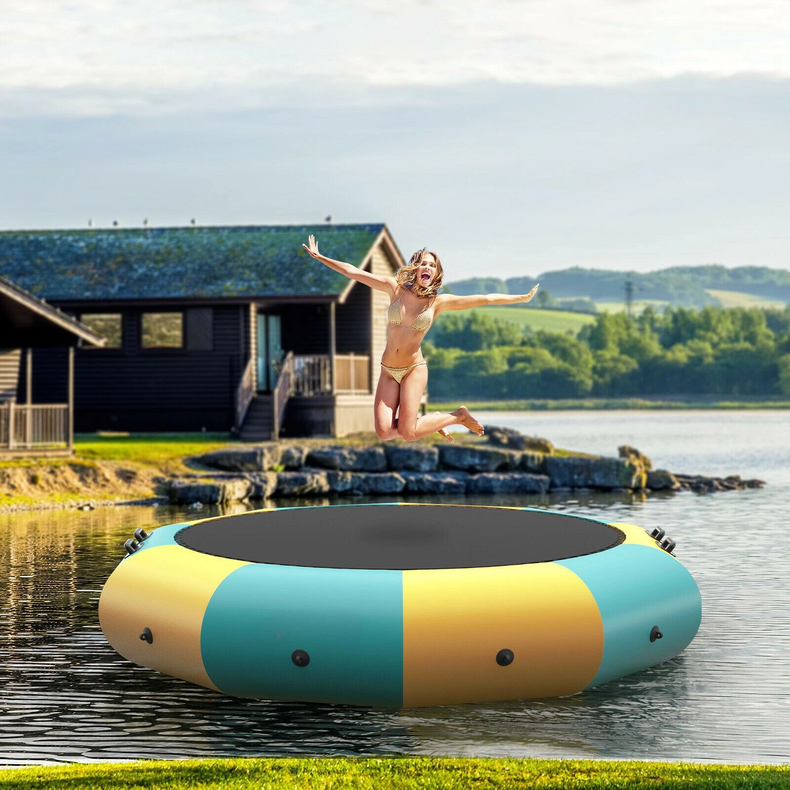 SUGIFT Yellow Padded Splash Deck and Ladder 10 Feet Adult and Kids Inflatable Water Bouncer Trampoline