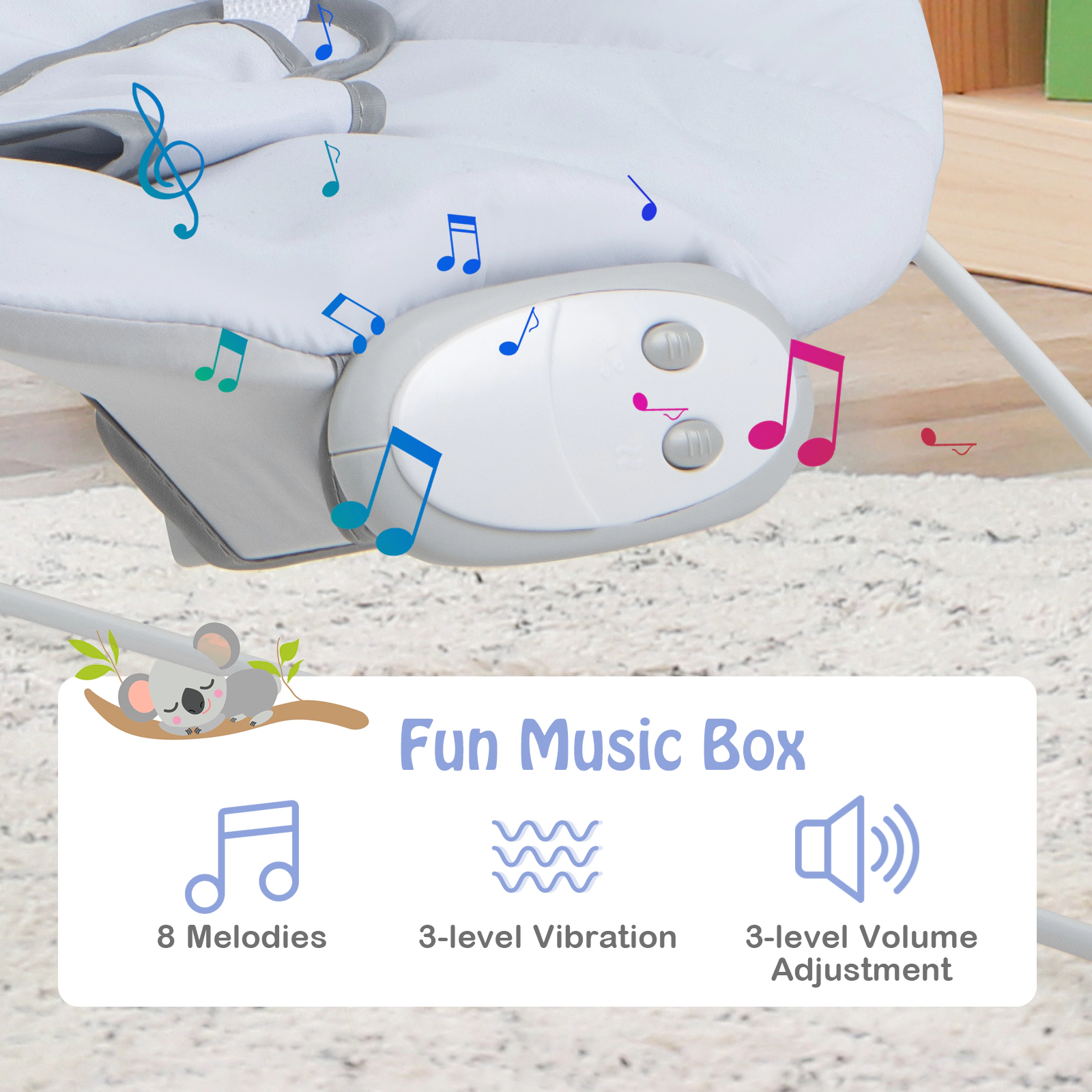 SUGIFT Baby Portable Bouncer Infant Rocker Seat Music Box Toy Bar 20-lb Capacity Ages 0-6 Months 25 x 20 x 23-in Gray