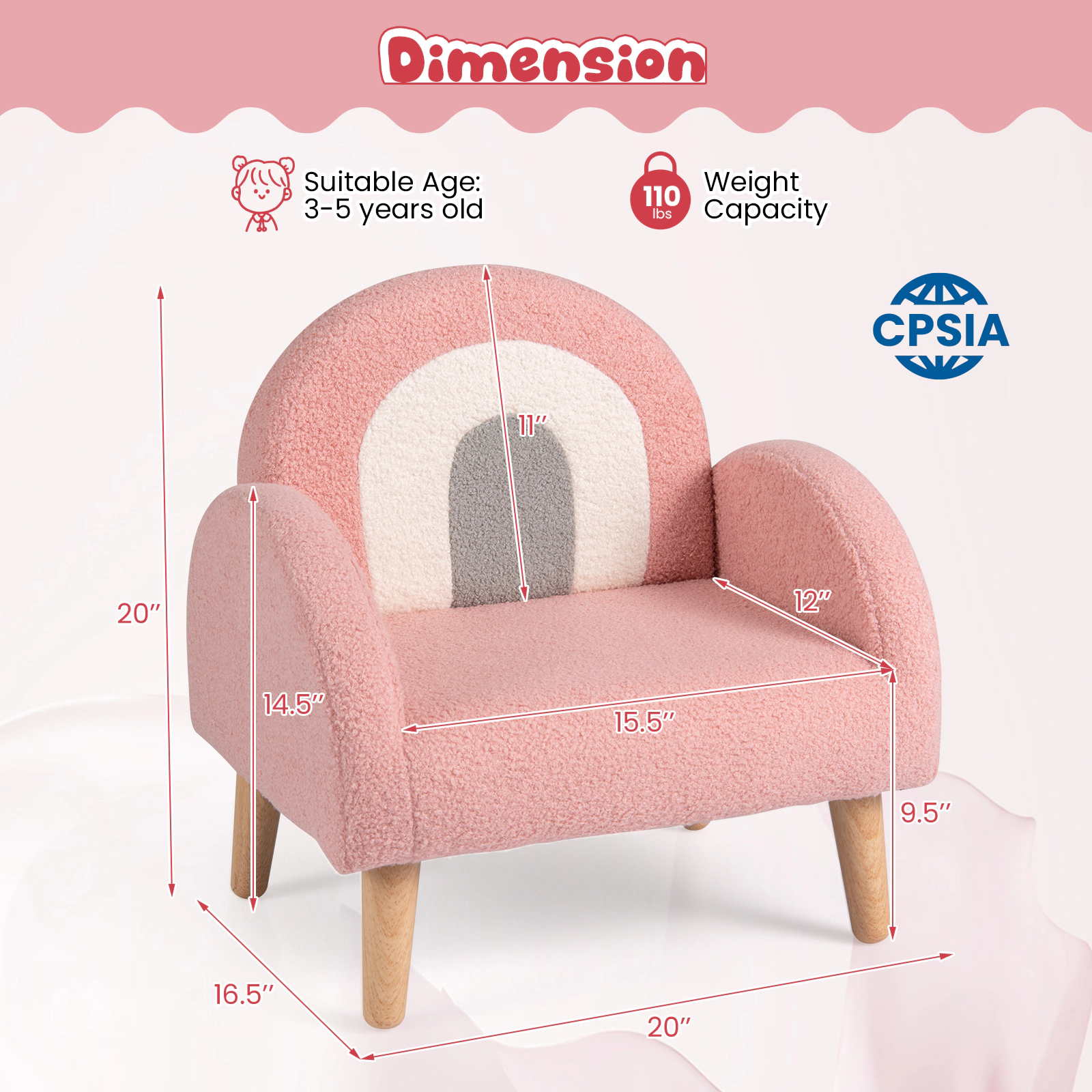 SUGIFT Pink Toddler Armchair with Teddy Fleece, Padded Arms and Wood-Like Legs
