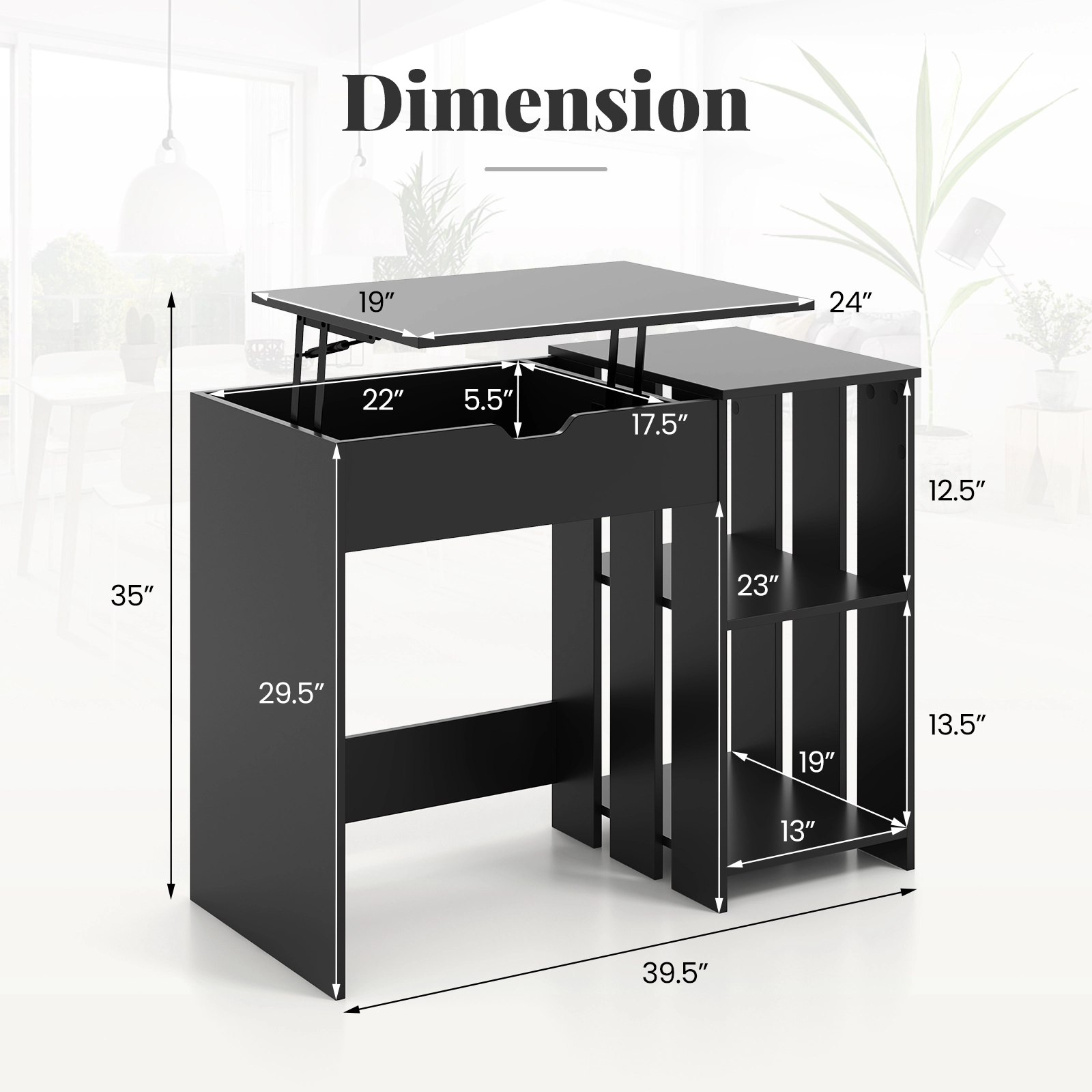 SUGIFT 39.5 in Computer Desk Black Lift Top with Hidden Compartment and Storage Shelves