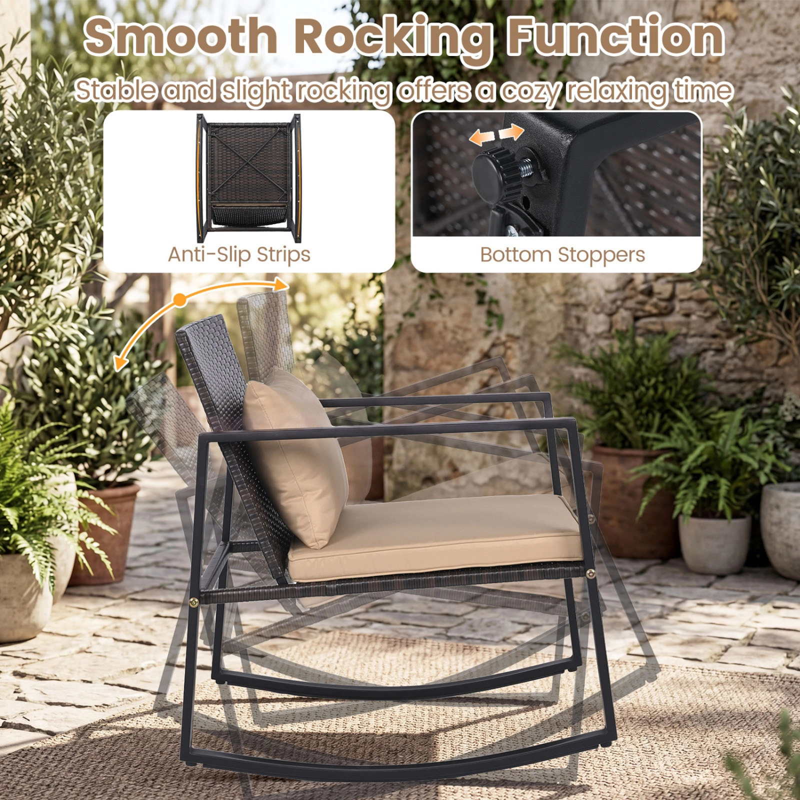 SUGIFT 3-Piece Black Outdoor Rocking Bistro Set with Cushioned Chairs and Glass Table