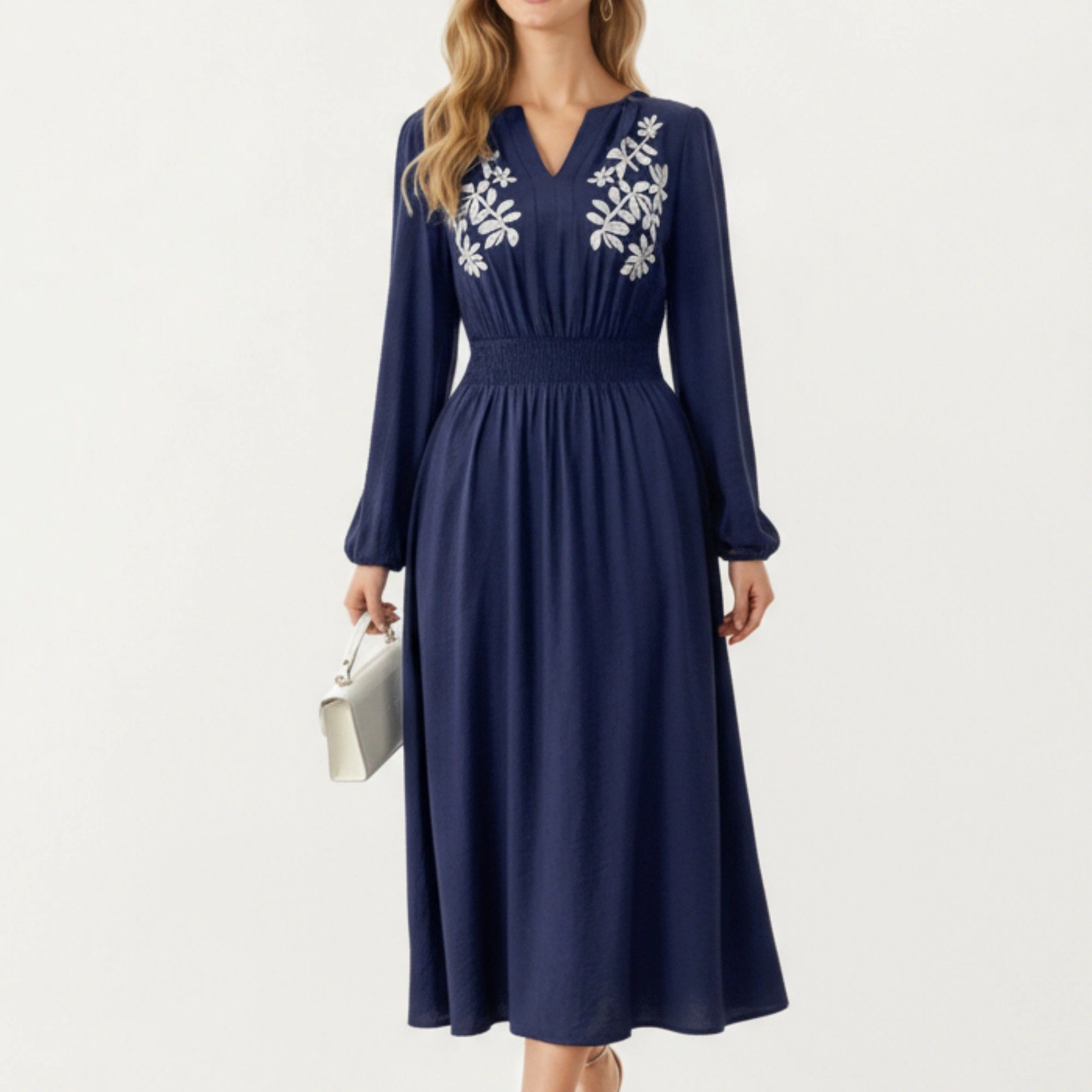 Anna-Kaci Women's Long Sleeve Embroidered Midi Dress with Smocked Waist and V-Neckline